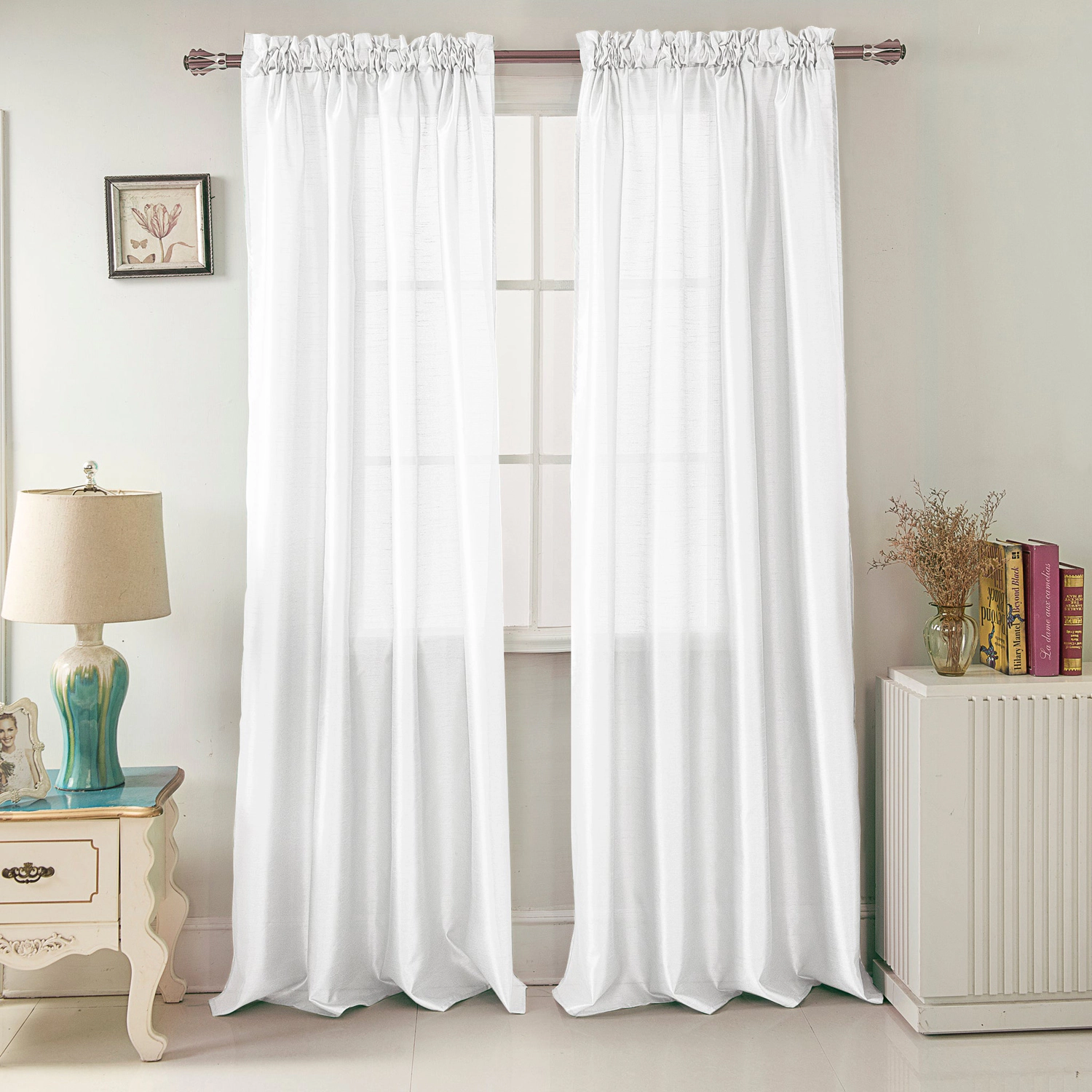 Olivia Gray Nancy Elegant Faux Silk Grommet Curtain Panel Machine Washable Polyester Curtain Panels 54" x 63" White