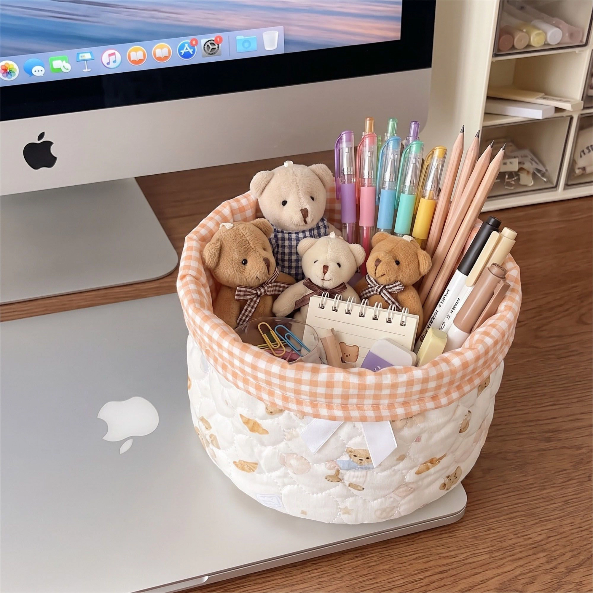 Alilang Unisex Quilted Round Fabric Storage Basket with Bow and Lace Trim