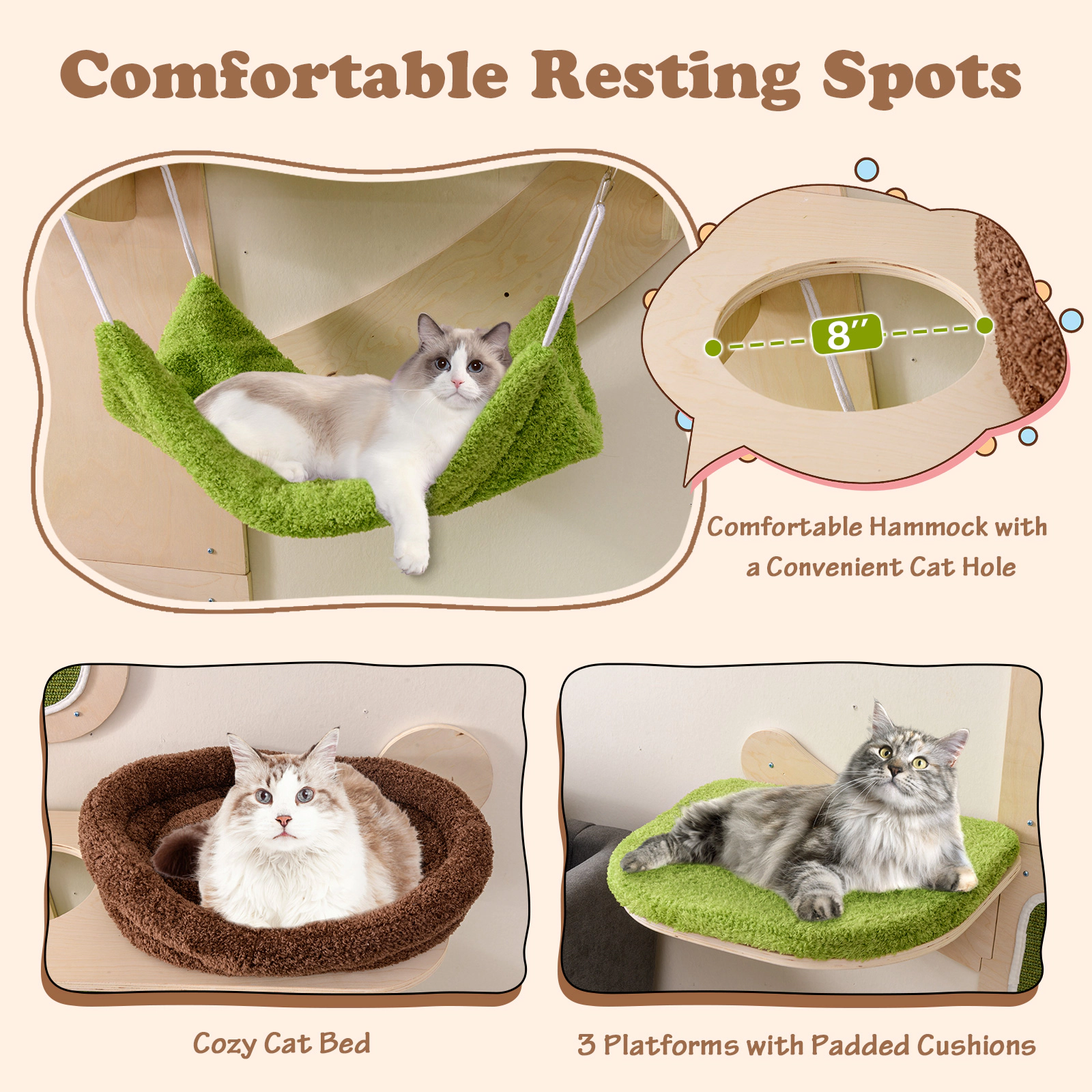 SUGIFT Wall-Mounted 5-Layer Cat Tree Tower with Hammock Bed and Scratching Surfaces 33-lb Capacity Natural+Brown