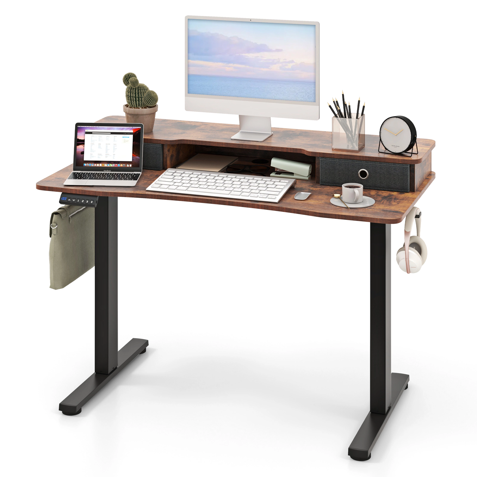 SUGIFT 48-in x 24-in Rustic Brown Wood Sit Stand Adjustable Standing Desk with Drawers for Home Office