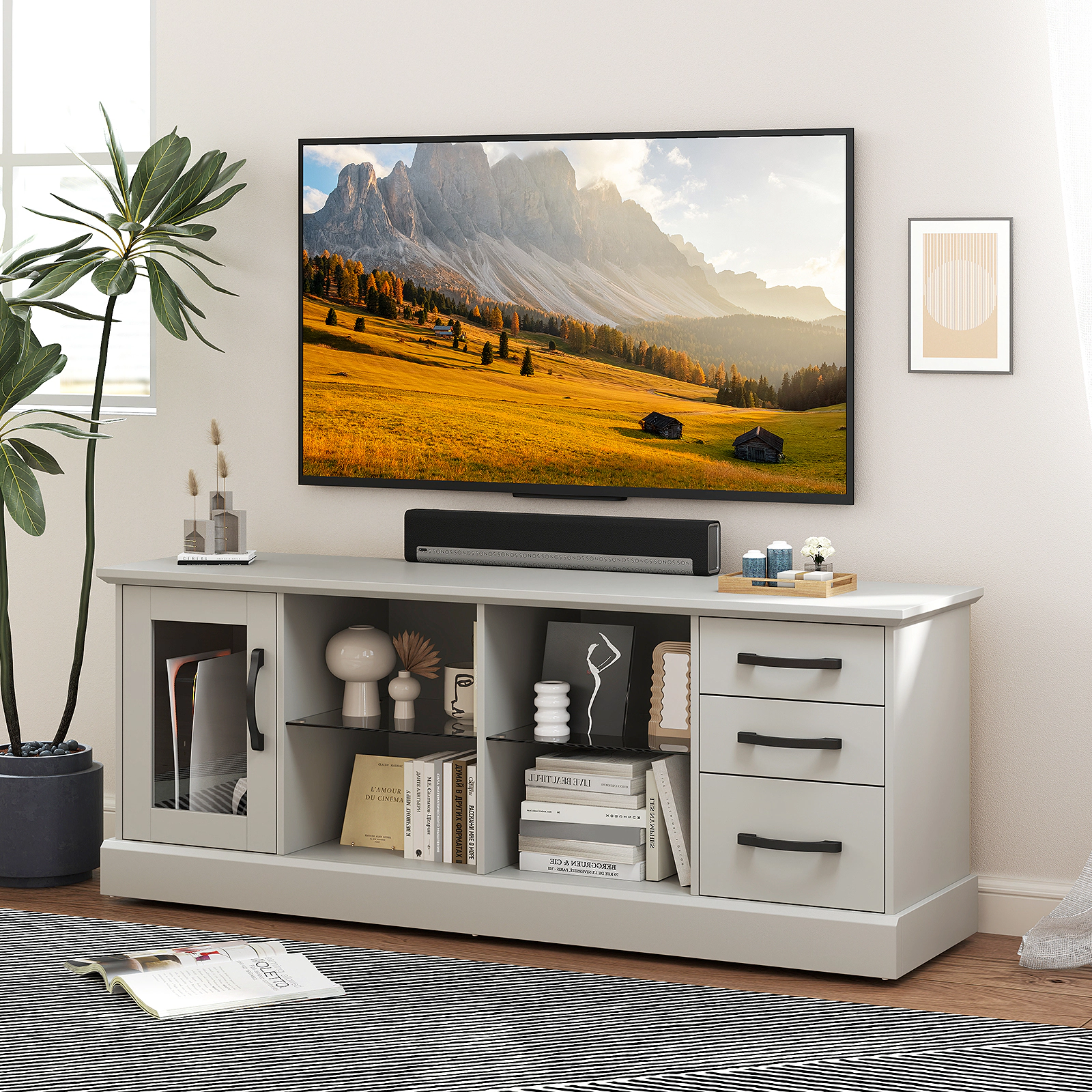 Glintex 63-Inch Media Console with 3 Drawers and 2 Removable Glass Shelves, Gray