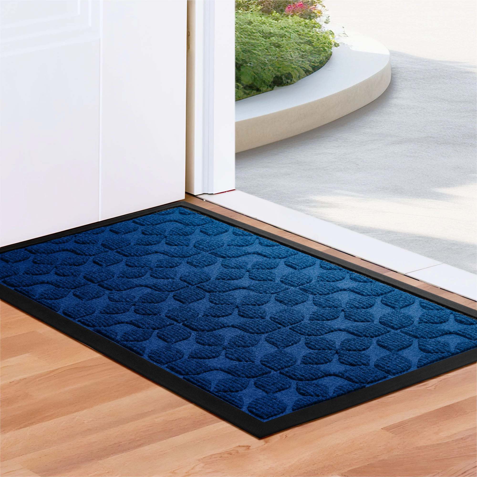 G128 Blue Geometric Floral Door Mat 17 x 29.5 in - Natural Rubber Backed, Indoor/Outdoor