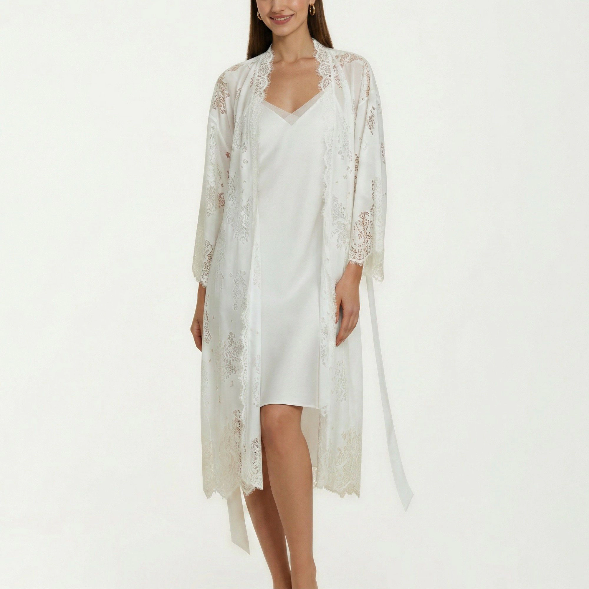 Anna-Kaci Women's 2-Piece Smooth Sleepwear Slip Dress with Sheer Lace Long Robe Open Front Lightweight Nightgown Set
