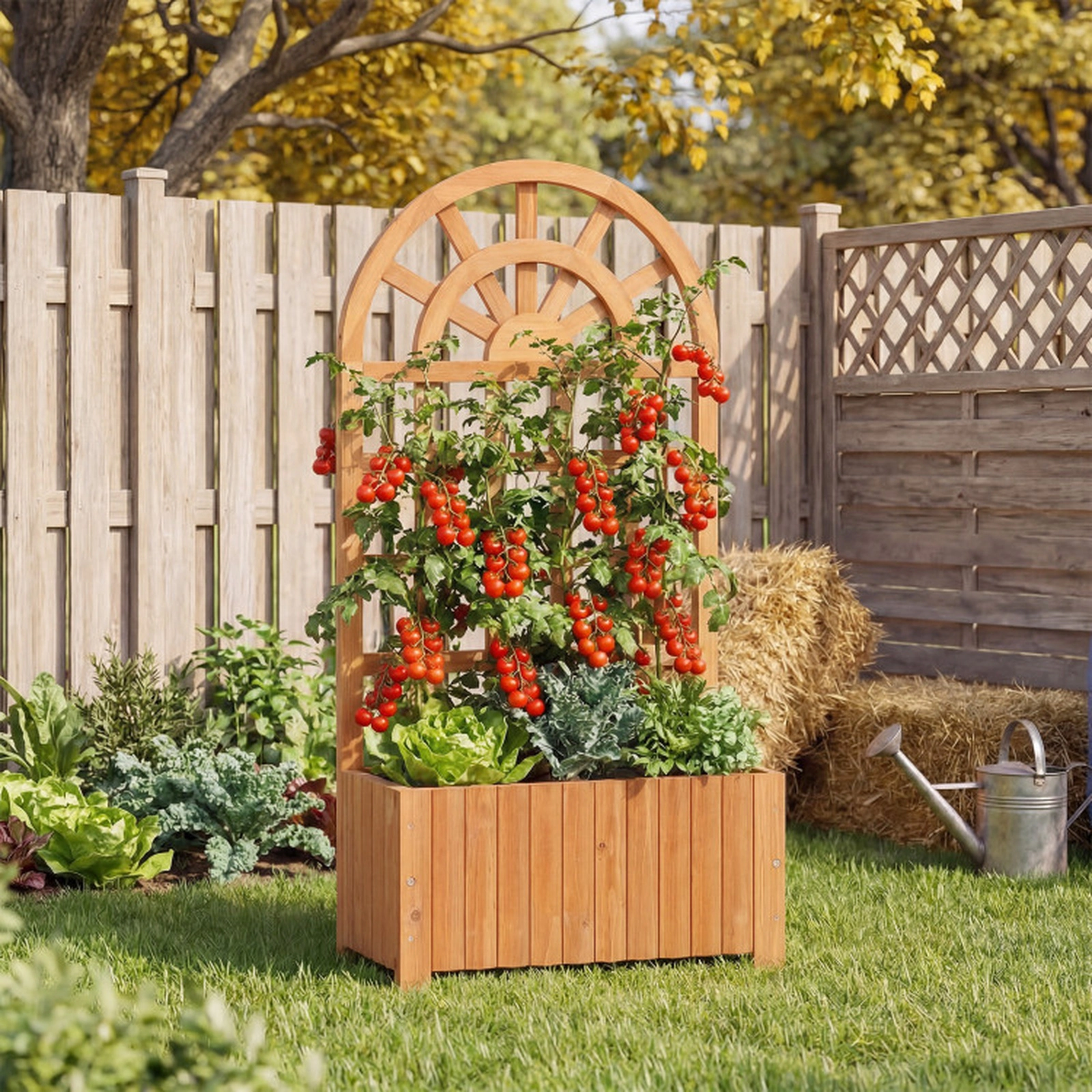 SUGIFT 48-in 66-lb Capacity Fir Wood Raised Garden Bed with Lattice Trellis Rounded Roof and Detachable Base