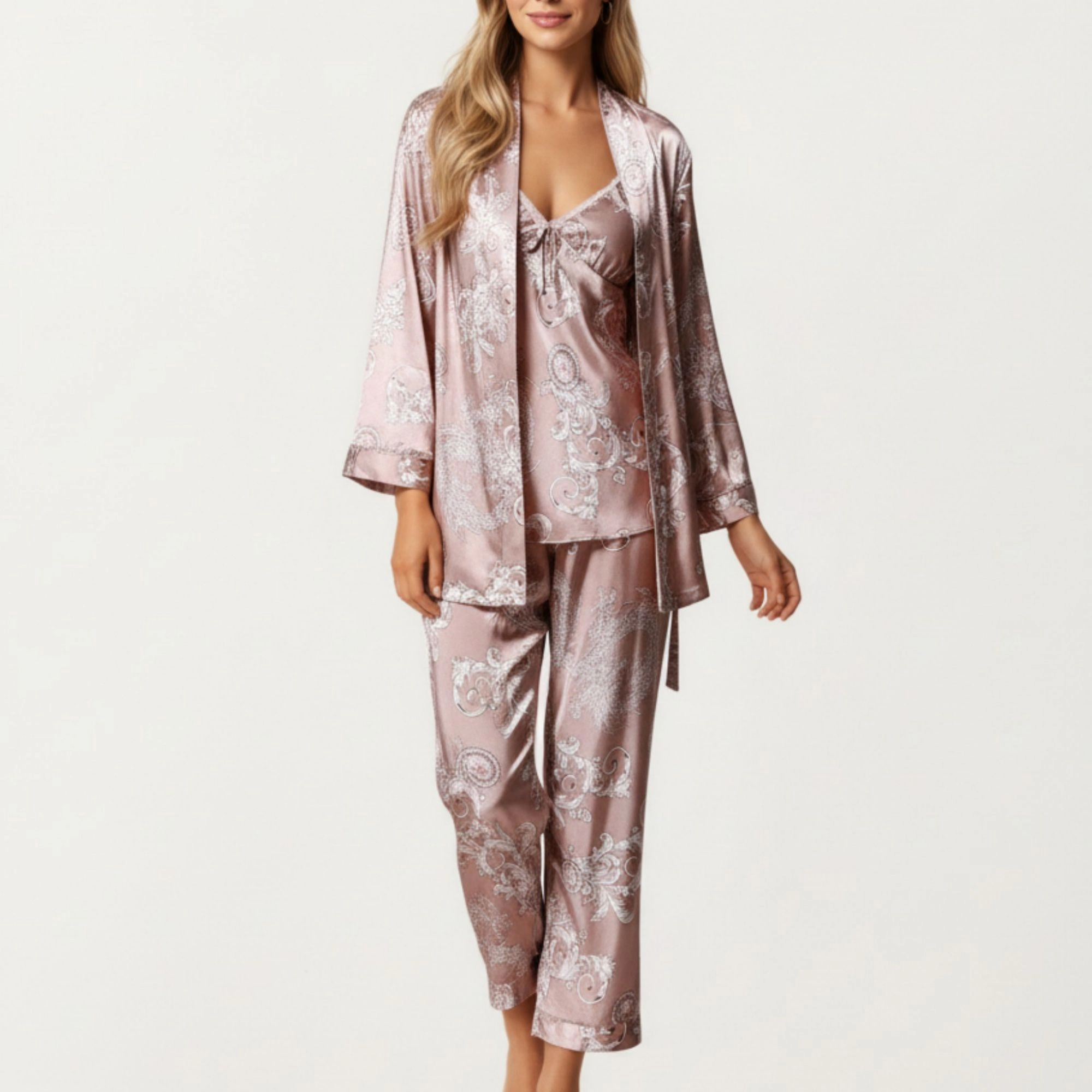 Anna-Kaci Women's 3-Piece Satin Baroque Print Pajama Cami with Matching Robe and Relaxed Straight Leg Pants