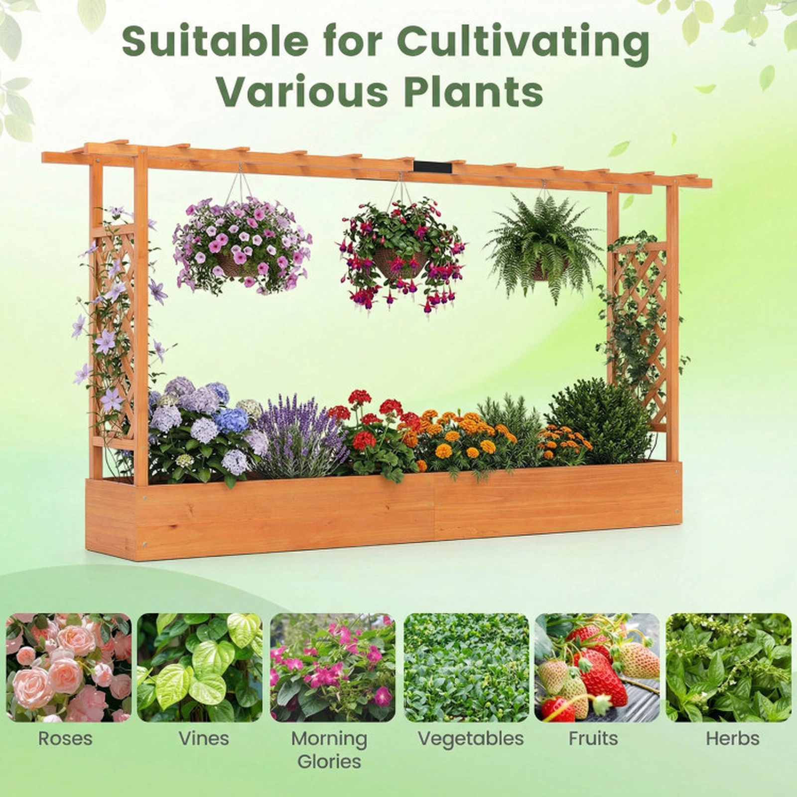 SUGIFT 45-in Tall Fir Wood Planter Raised Garden Bed with Side Trellis and Hanging Roof 110-lb Capacity Natural/Orange