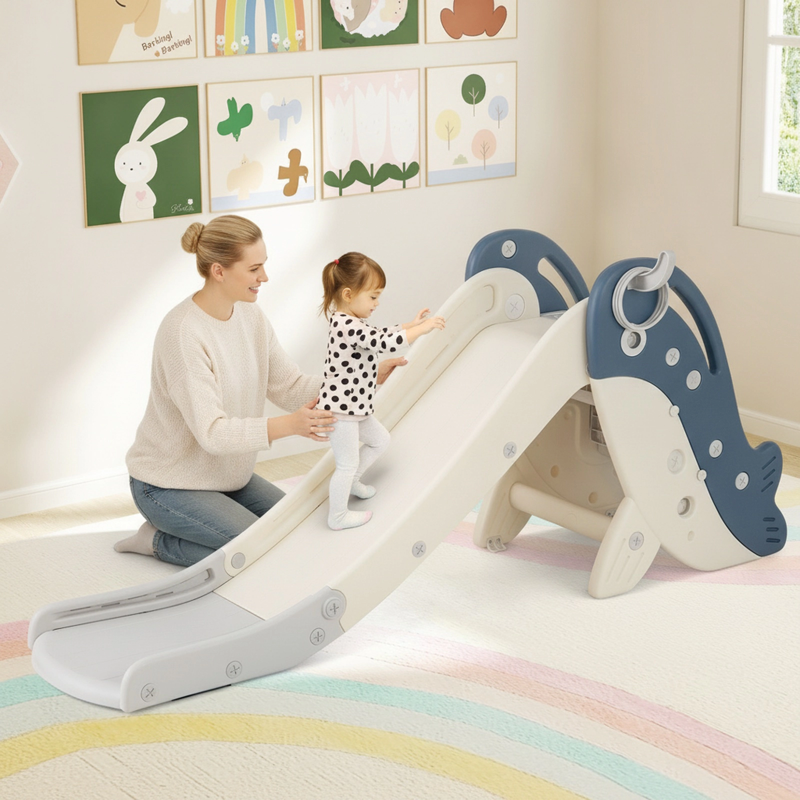4-in-1 Toddler Slide Indoor Outdoor Freestanding Baby Climber Playset Basketball Hoop Ring Toss 50-in Kids Playground