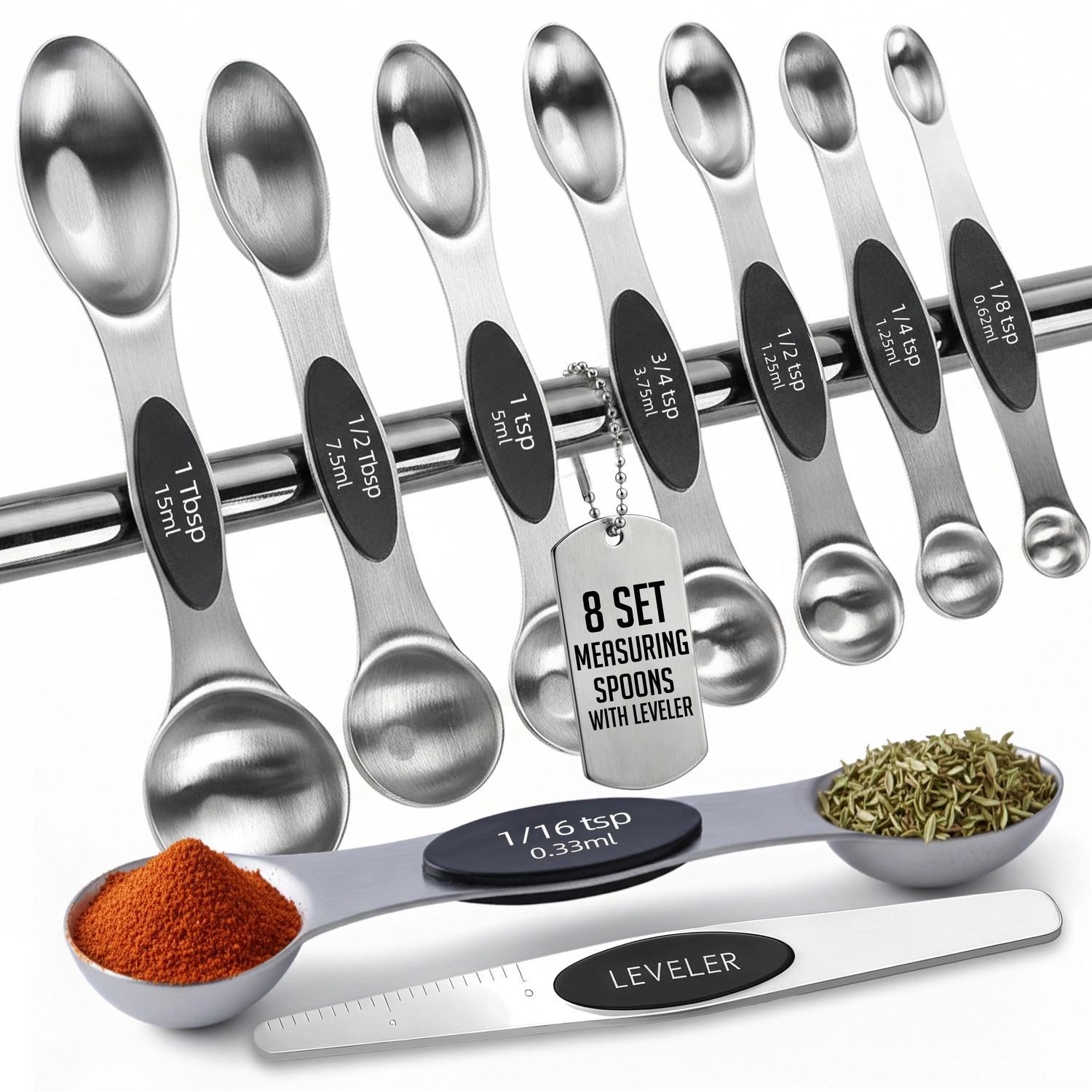 Luminuxe Magnetic Measuring Spoons with Leveler Set, Dual Sided Stainless Steel, Strong N40 Magnets Nesting Spoon