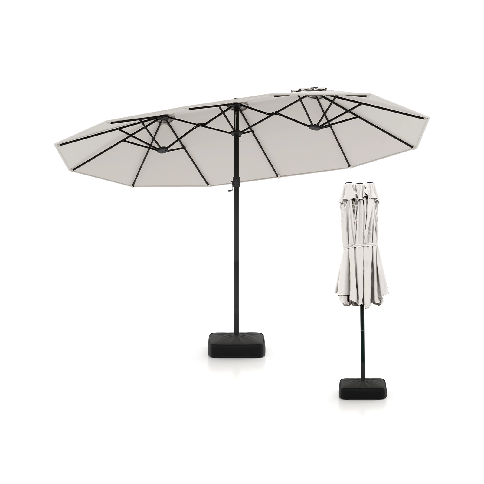 SUGIFT 15-ft Beige Double-Sided Rectangular Patio Umbrella with Cross Stand and Sandbags