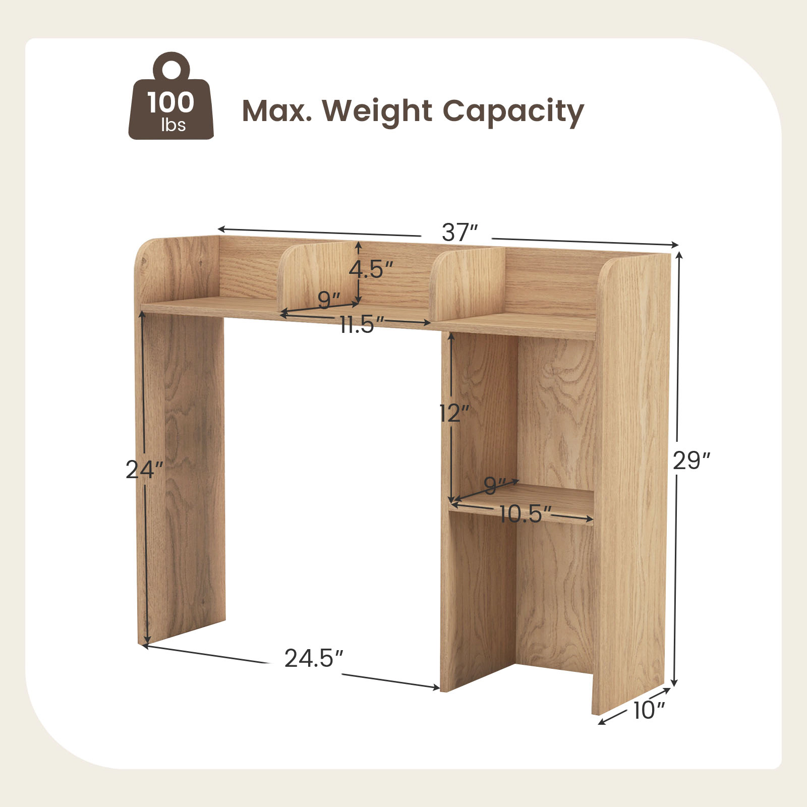 SUGIFT 3-Tier Natural Wood Desktop Bookshelf Desk Hutch with 4 Shelves for 27-in Monitor and Organizer