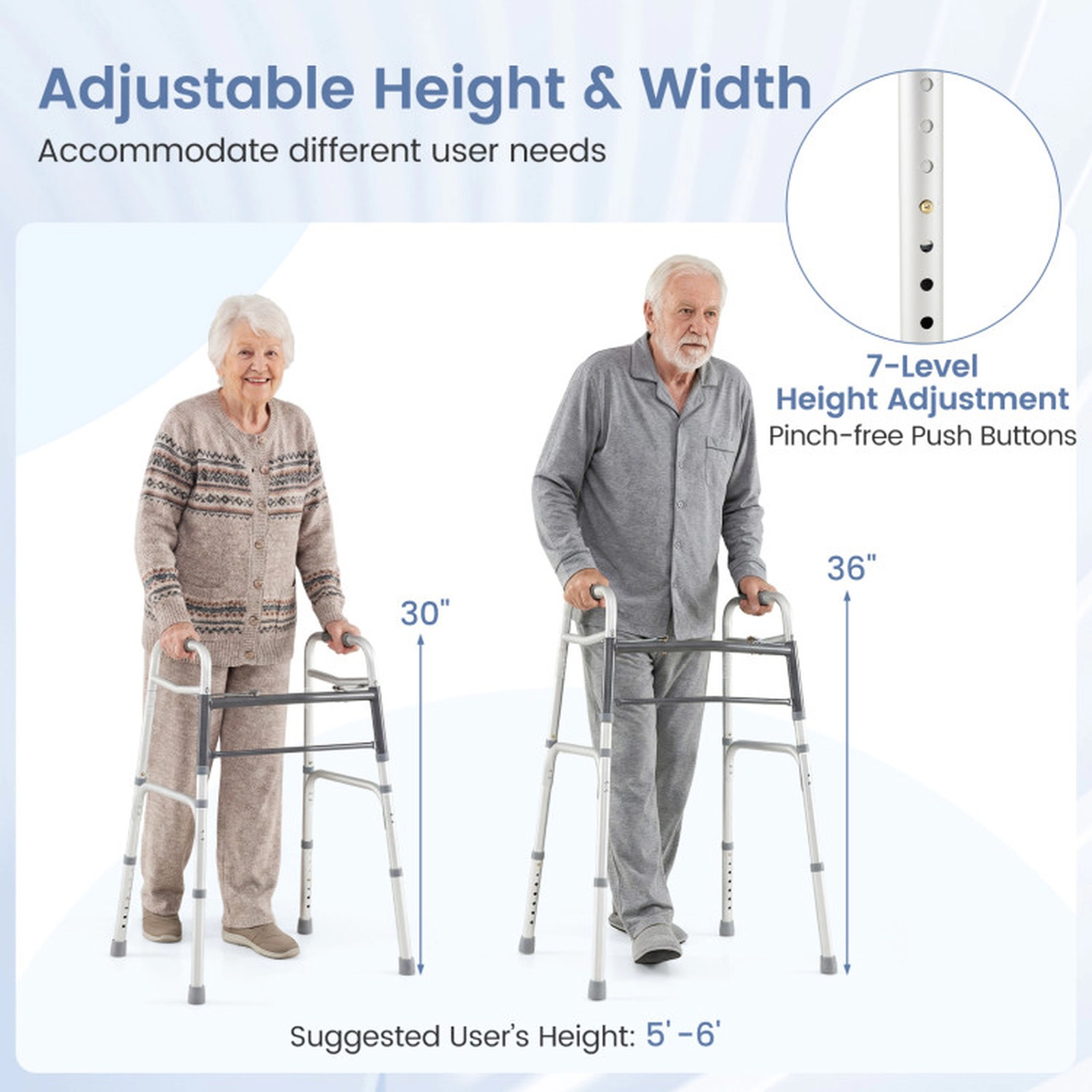 SUGIFT Lightweight 2-Button Folding Walker with 7-Level Adjustable Height 350-Lb Capacity 5.5-Lb Frame Silver