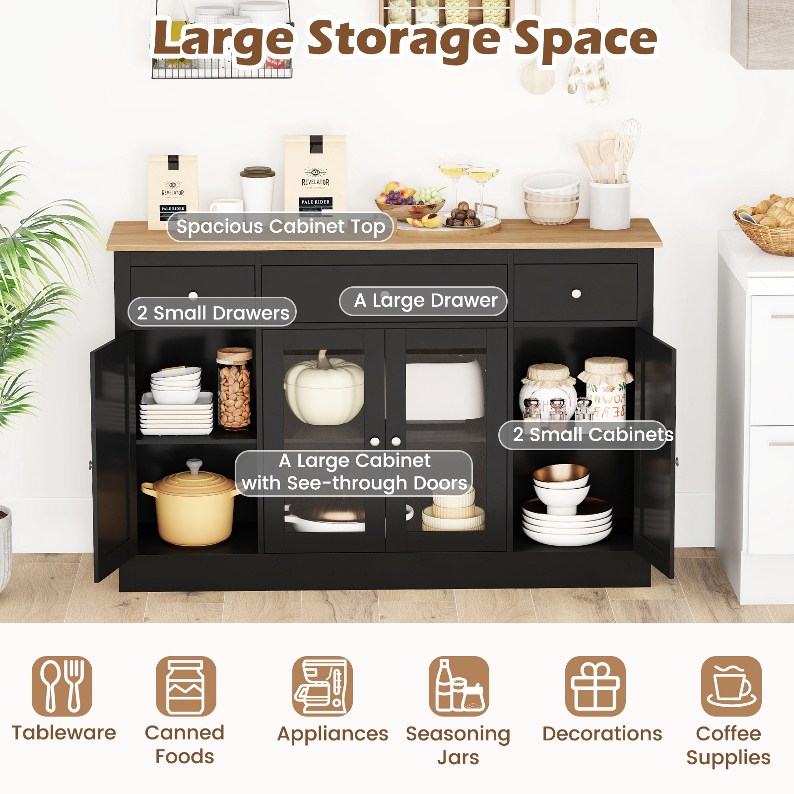 SUGIFT Buffet Sideboard Kitchen Storage Cabinet with 3 Drawers See-through Doors Adjustable Shelves Wine Bar Table Black