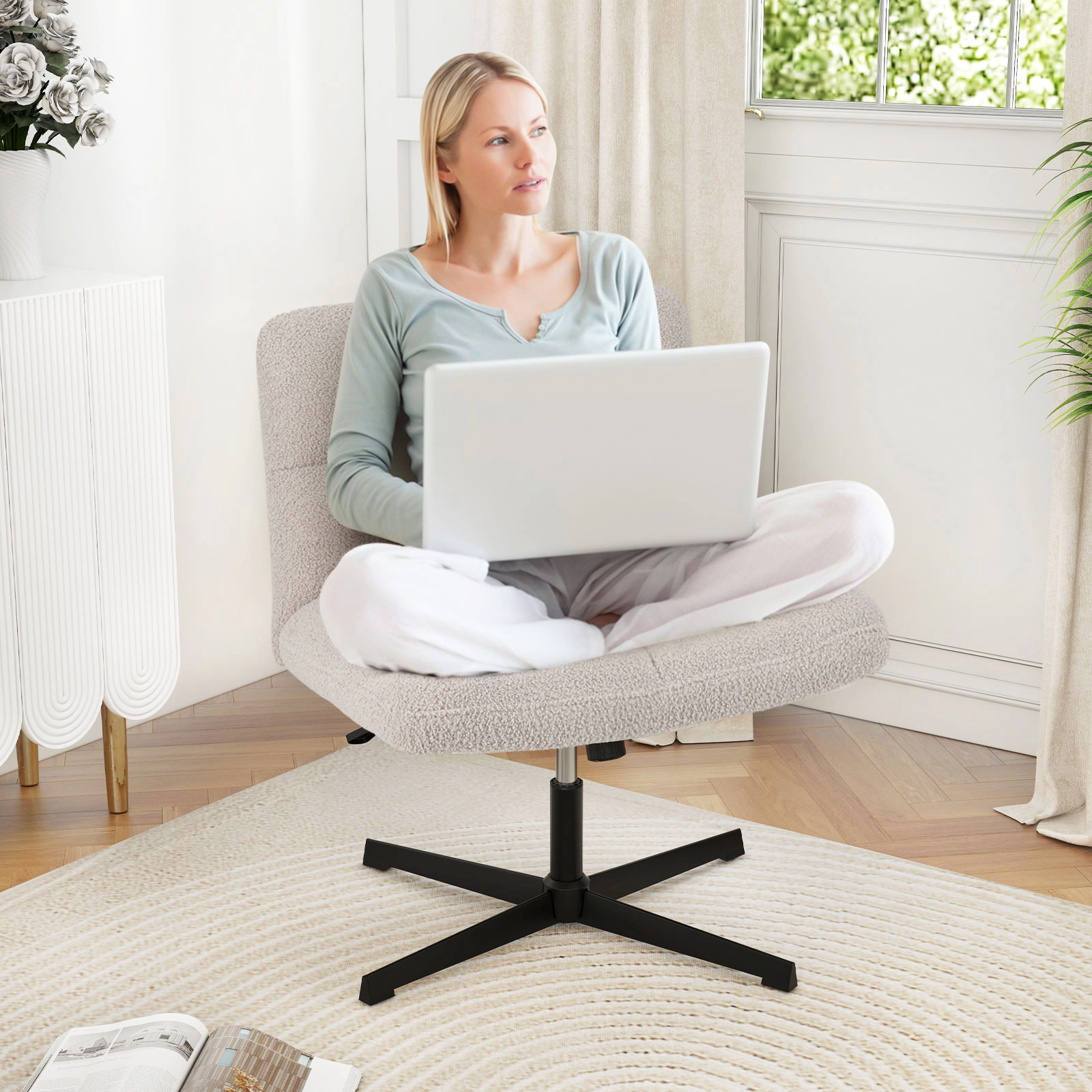 SUGIFT 25-in Wide Seat Lamb Fleece Armless Cross Legged Swivel Office Chair 26-in x 25-in x 30.5-in 350-lb Gray