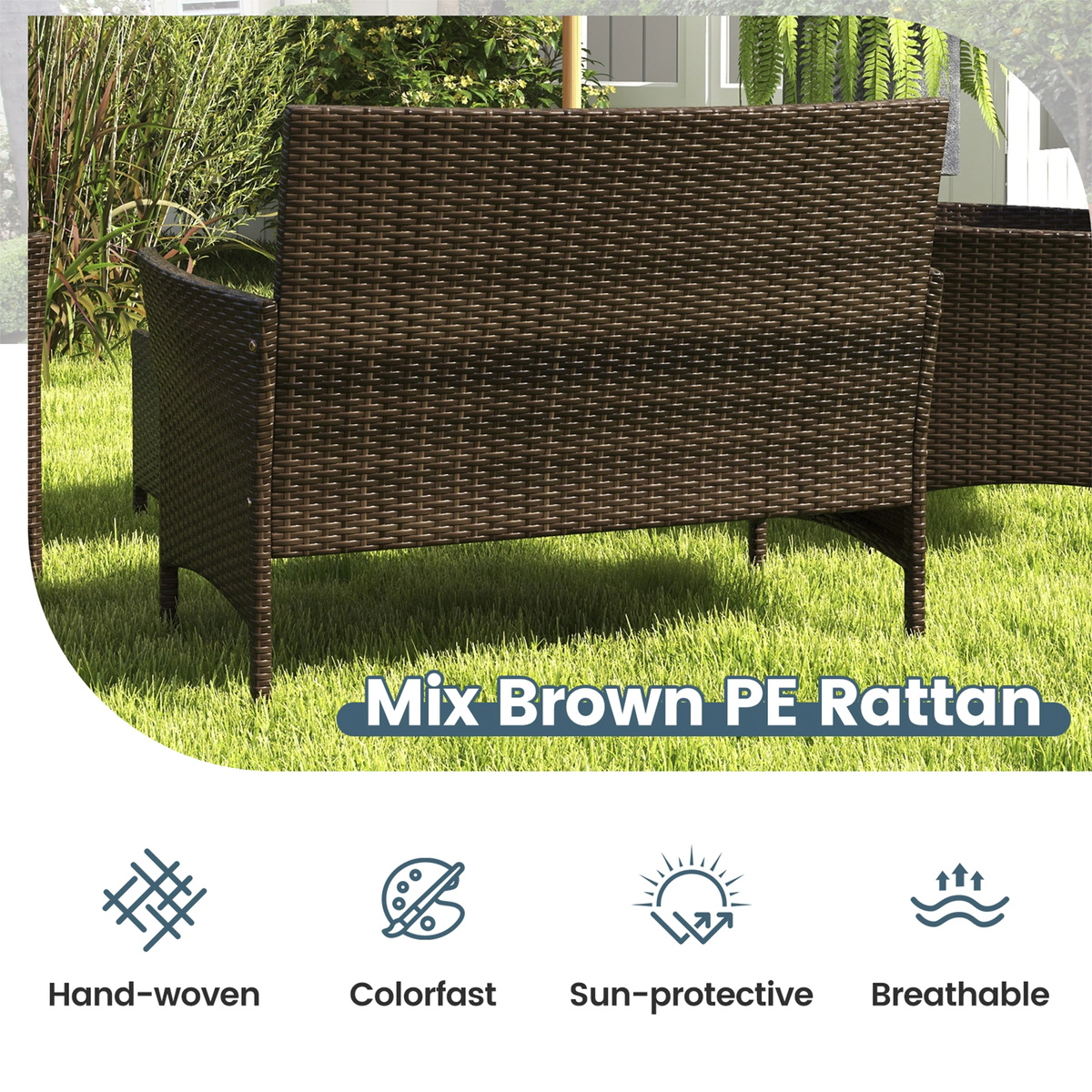 SUGIFT 4 Piece PE Rattan Patio Conversation Set with Cushions 800-lb Loveseat 400-lb Chairs 110-lb Table Peacock Blue