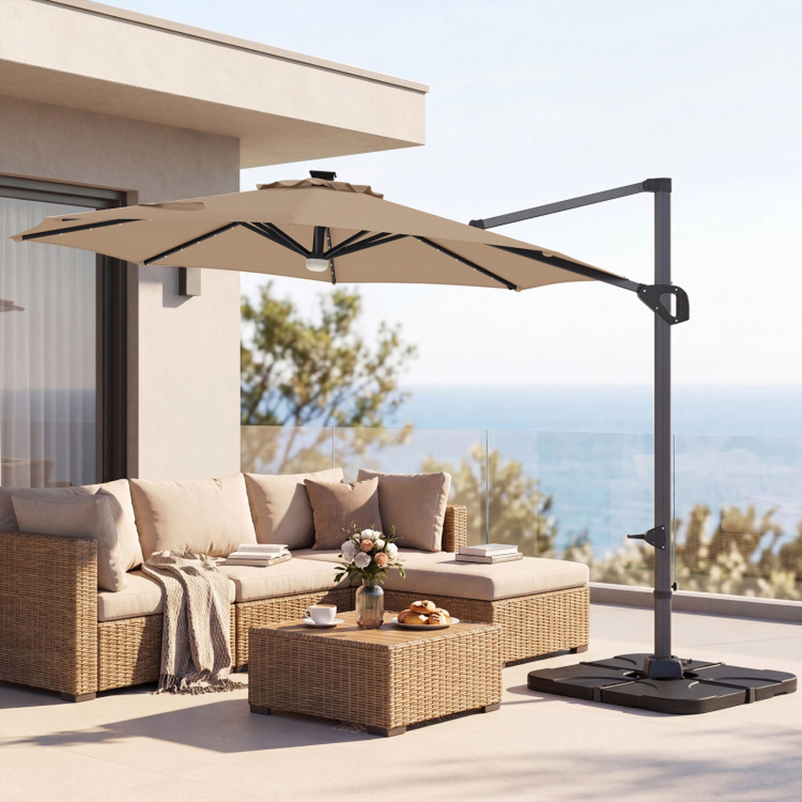 SUGIFT 10-ft Cantilever Patio Umbrella 35 Solar LED Lights & 220-lb Fillable Base Tan/Beige/Navy/Gray/Wine Canopy Black