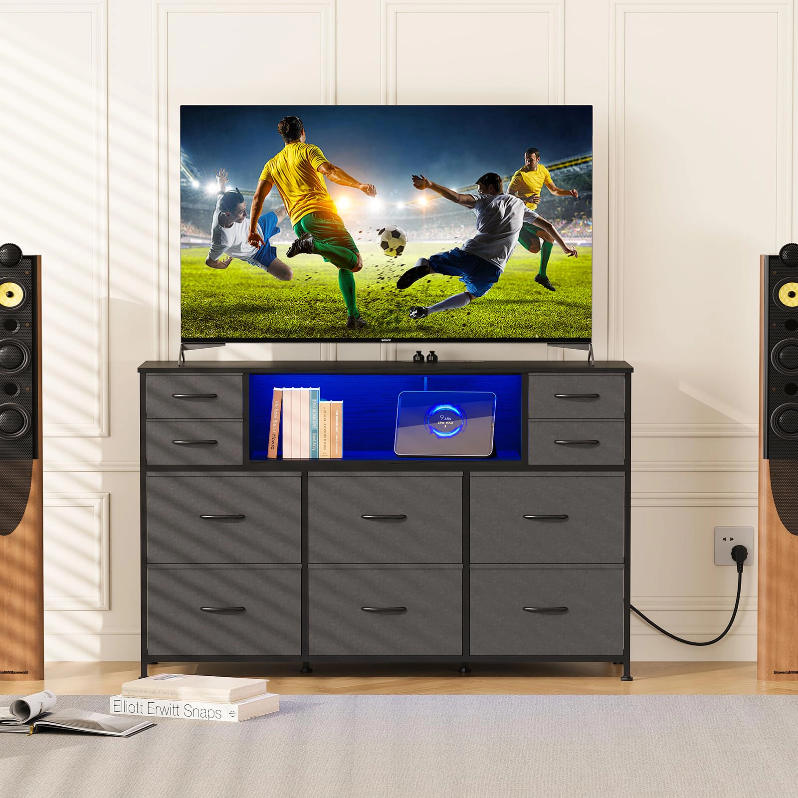 10 Drawer Fabric Dresser, TV Stand with RGB LED Lights & Power Outlet for 45"-55"