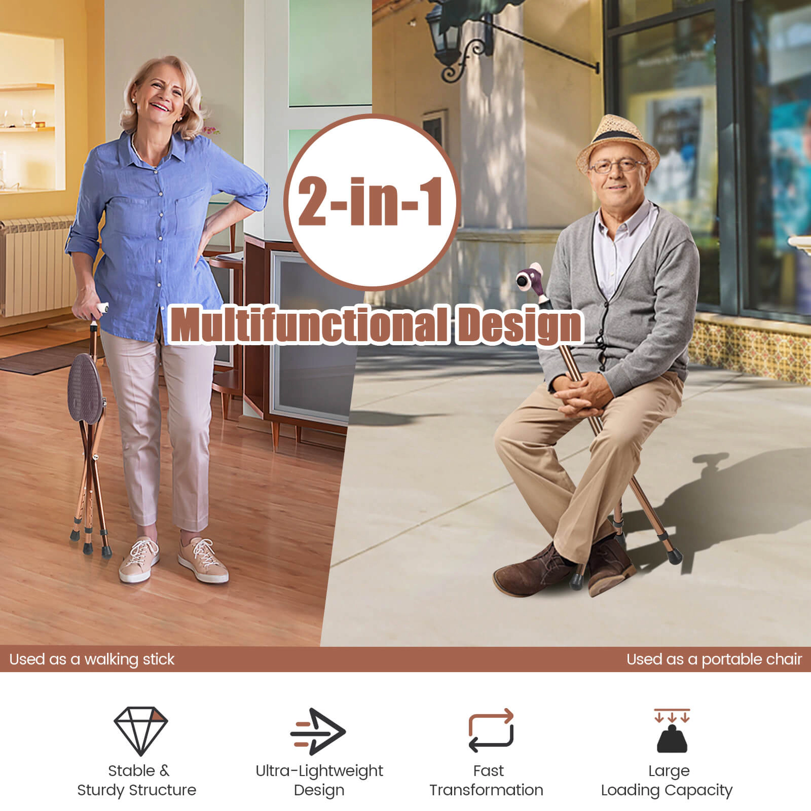 SUGIFT Brown Folding Walking Cane with Seat and LED Light 10-in W 8.5-in D 35.5-in H 220-lb User Capacity
