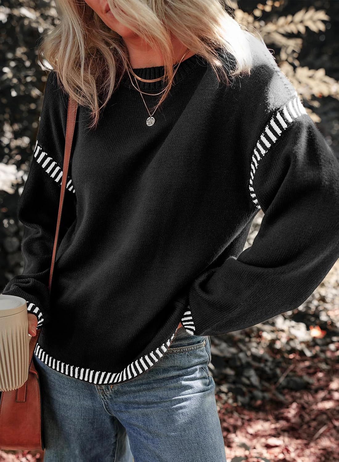 KOJOOIN Women's Contrast Stitch Sweaters Oversized Knit Pullover Loose Stitched Trim Fall Winter Tops