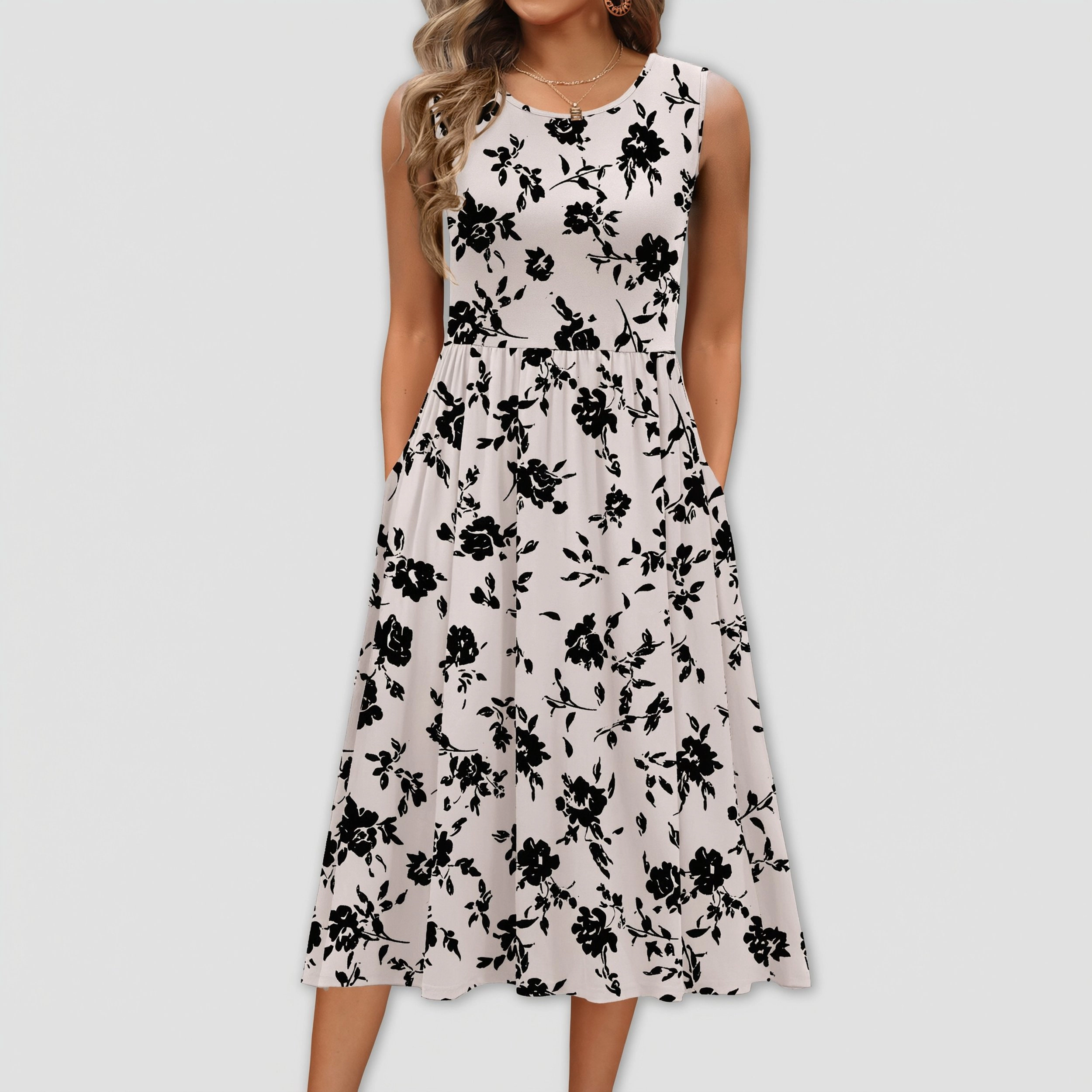 Zeagoo Women's Round Neck Sleeveless Midi Dress
