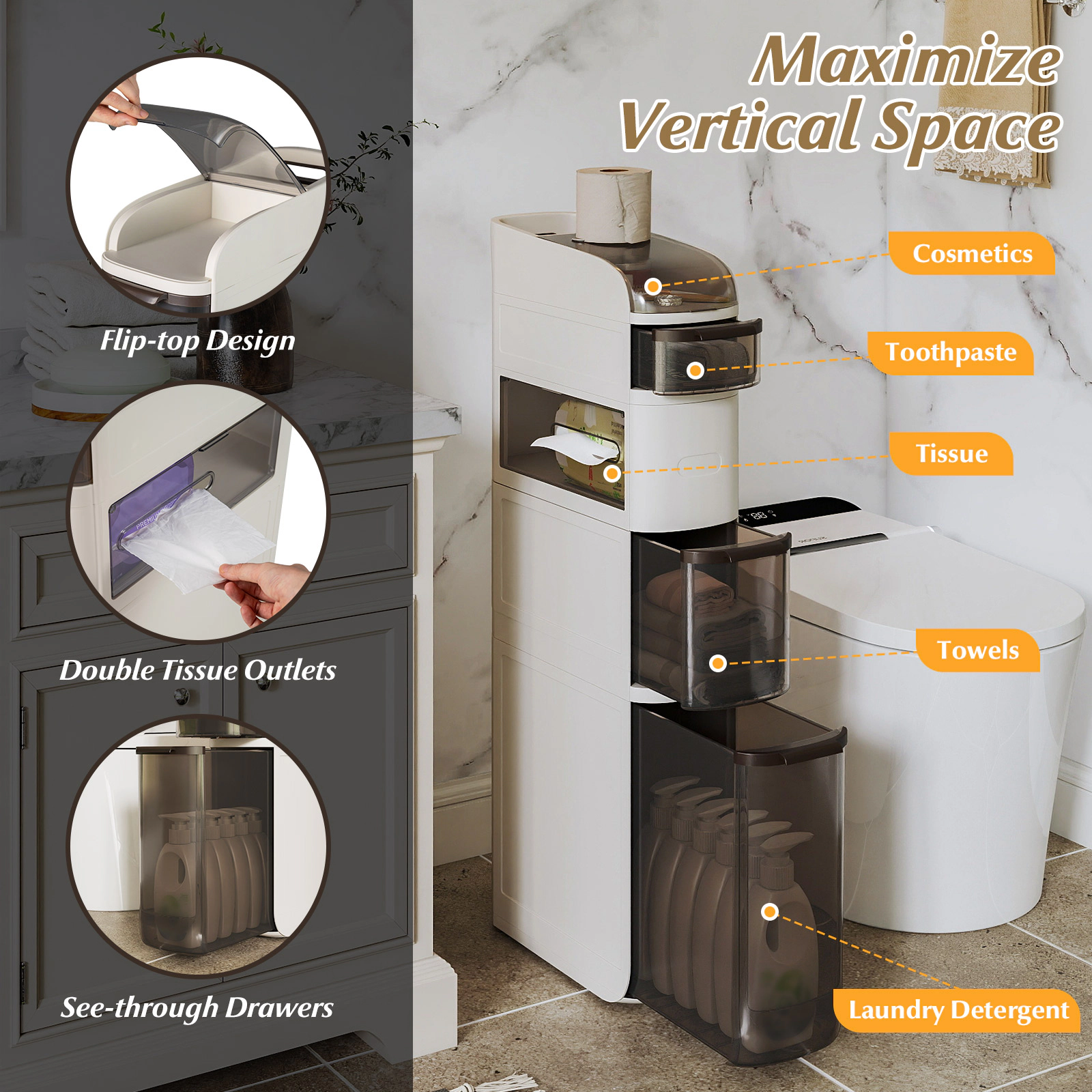 SlickBlue Slim Bathroom Storage Cabinet with Drawers and Wheels