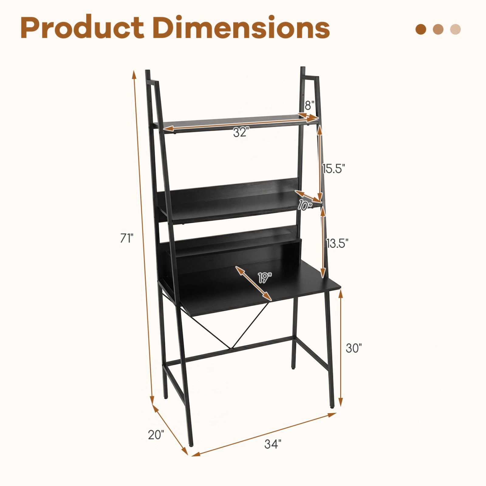 SUGIFT Two Open Shelves Anti-Tip Kit Metal Frame Industrial Ladder Desk 34-in x 20-in x 71-in 180-lb Capacity Black