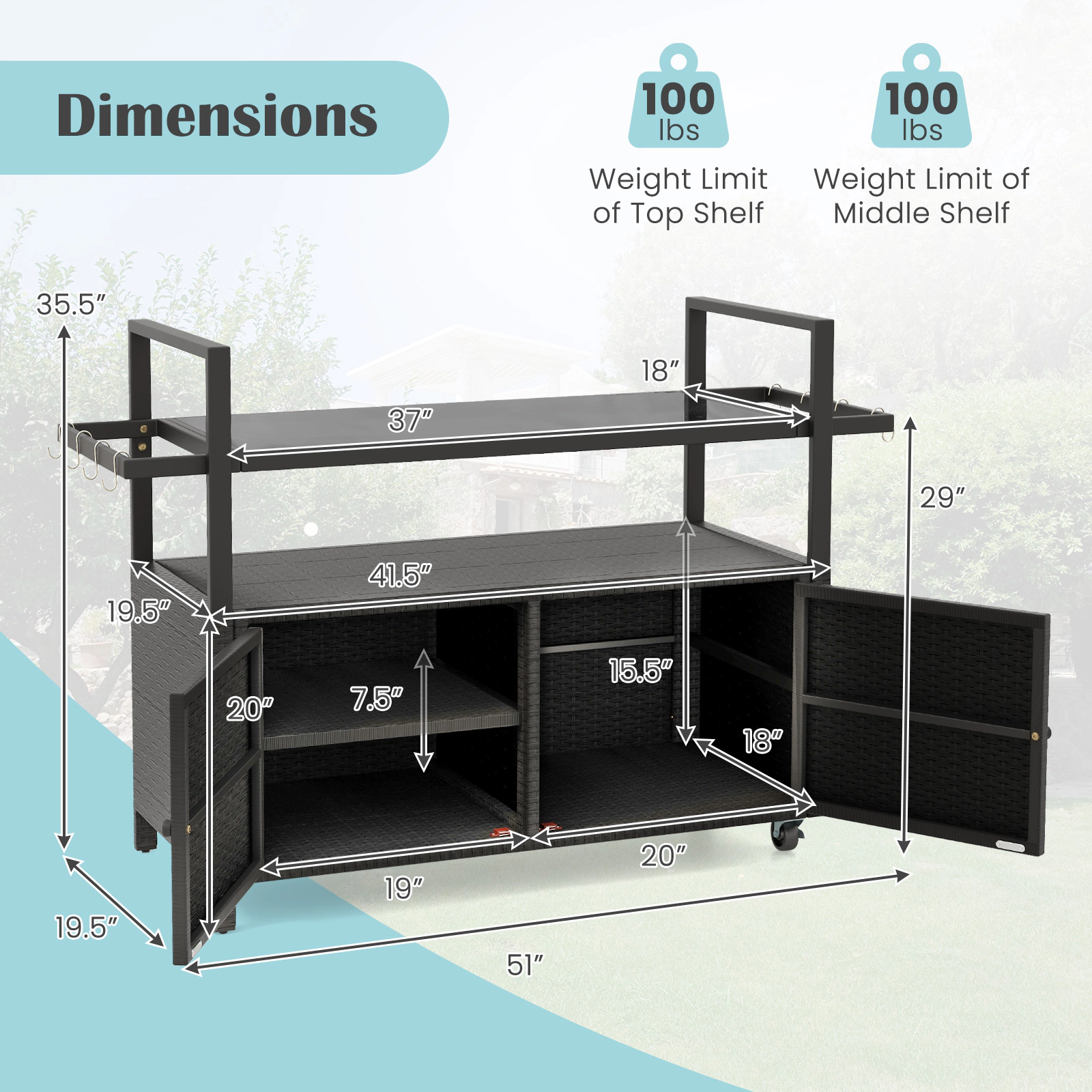 SUGIFT Outdoor Wicker Buffet Serving Bar Cart 2-Door Cabinet 8 Hooks 100-lb Capacity 51 x 19.5 x 35.5-in Black