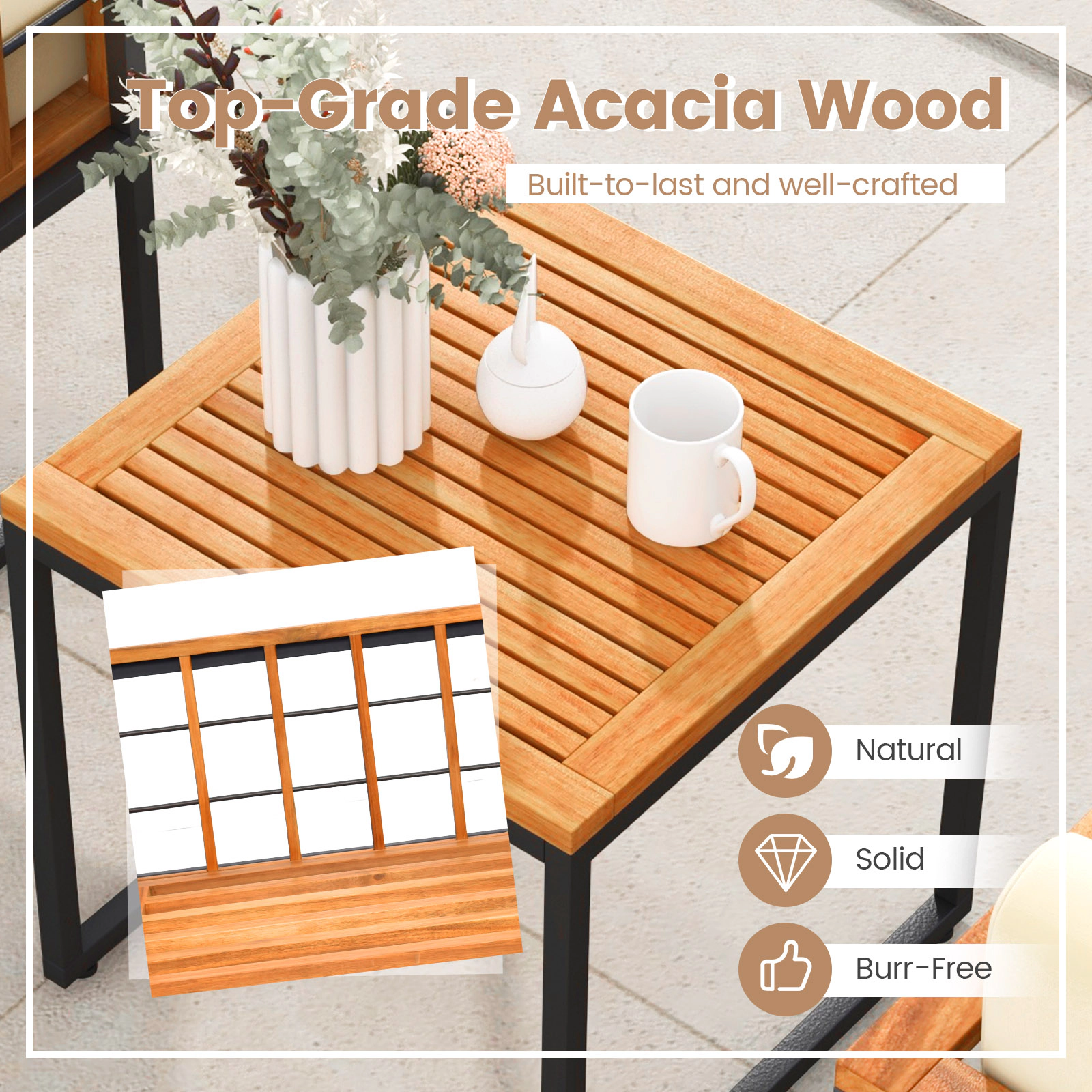 SUGIFT Beige Metal Frame and Soft Cushions 3-Piece Acacia Wood Patio Chair Set