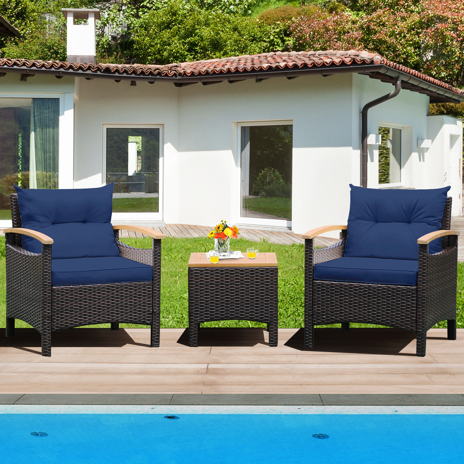 SUGIFT 3-Piece Brown PE Wicker Patio Set with Cushioned Sofas and Acacia Wood Table