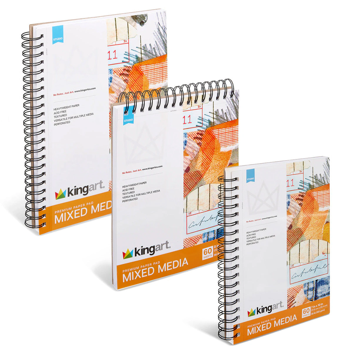 KINGART Mixed Media Paper Pad Bundle, 3 Pack 7"x10", 8"x10", 9"x12" - 60 Sheets Each