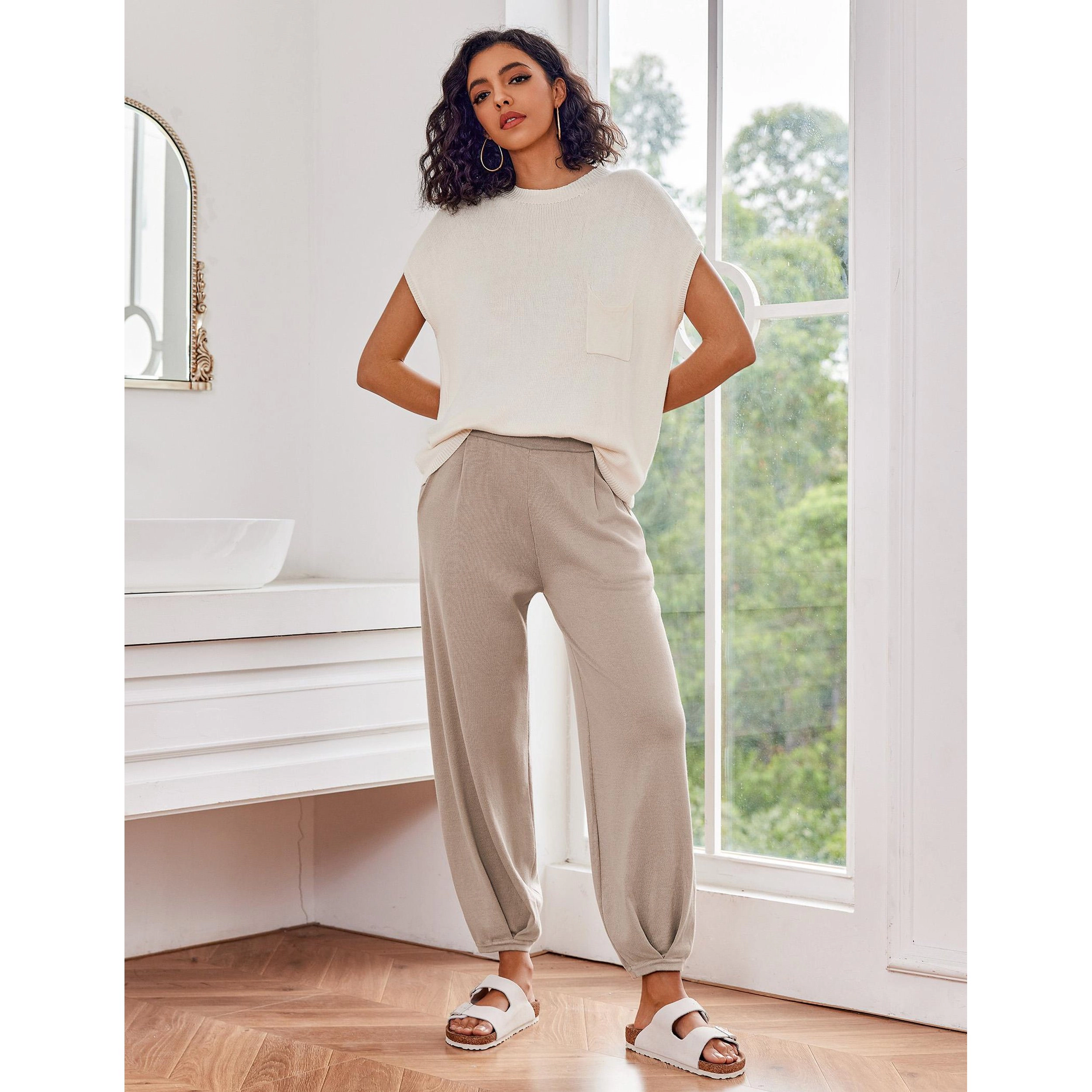Ekouaer 2 Pc Outfits Lounge Sets for Women Sweater Knit Short Sleeve Tops Jogger Pants