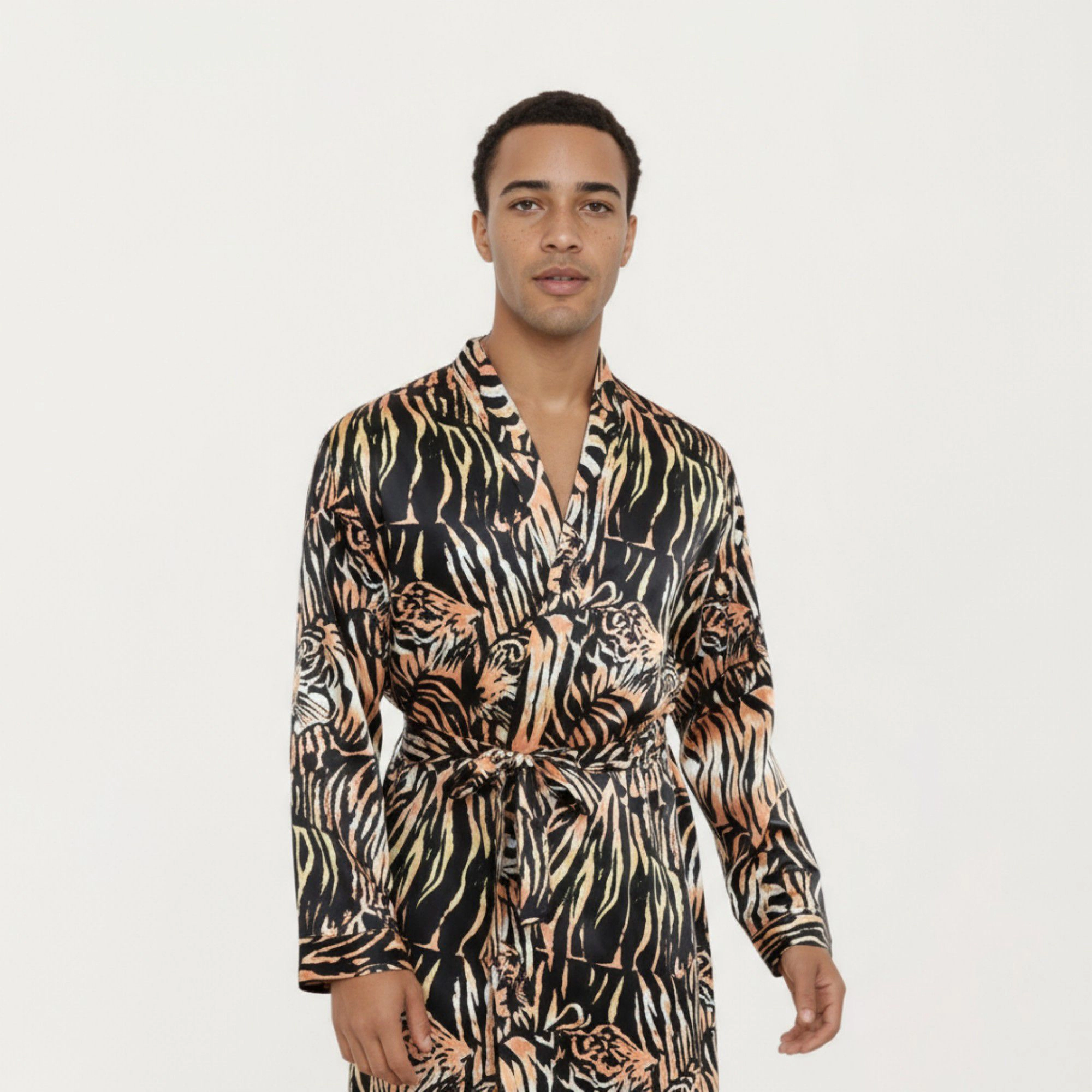 Anna-Kaci Men's Satin Robe with Tiger Print Design and Adjustable Waist Tie