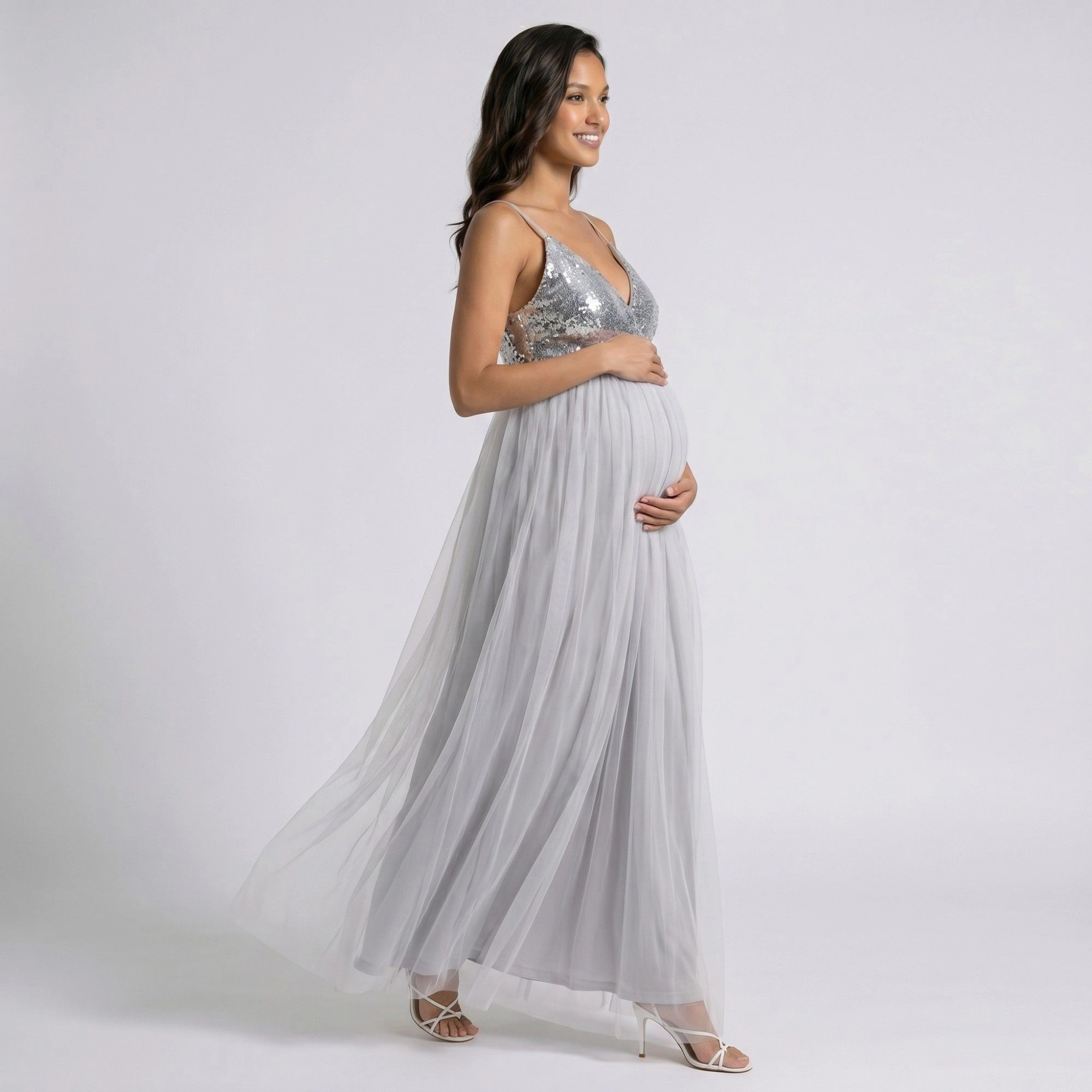 Anna-Kaci Women's Sequin Bodice Tulle Skirt Front Slit Maternity Maxi Dress