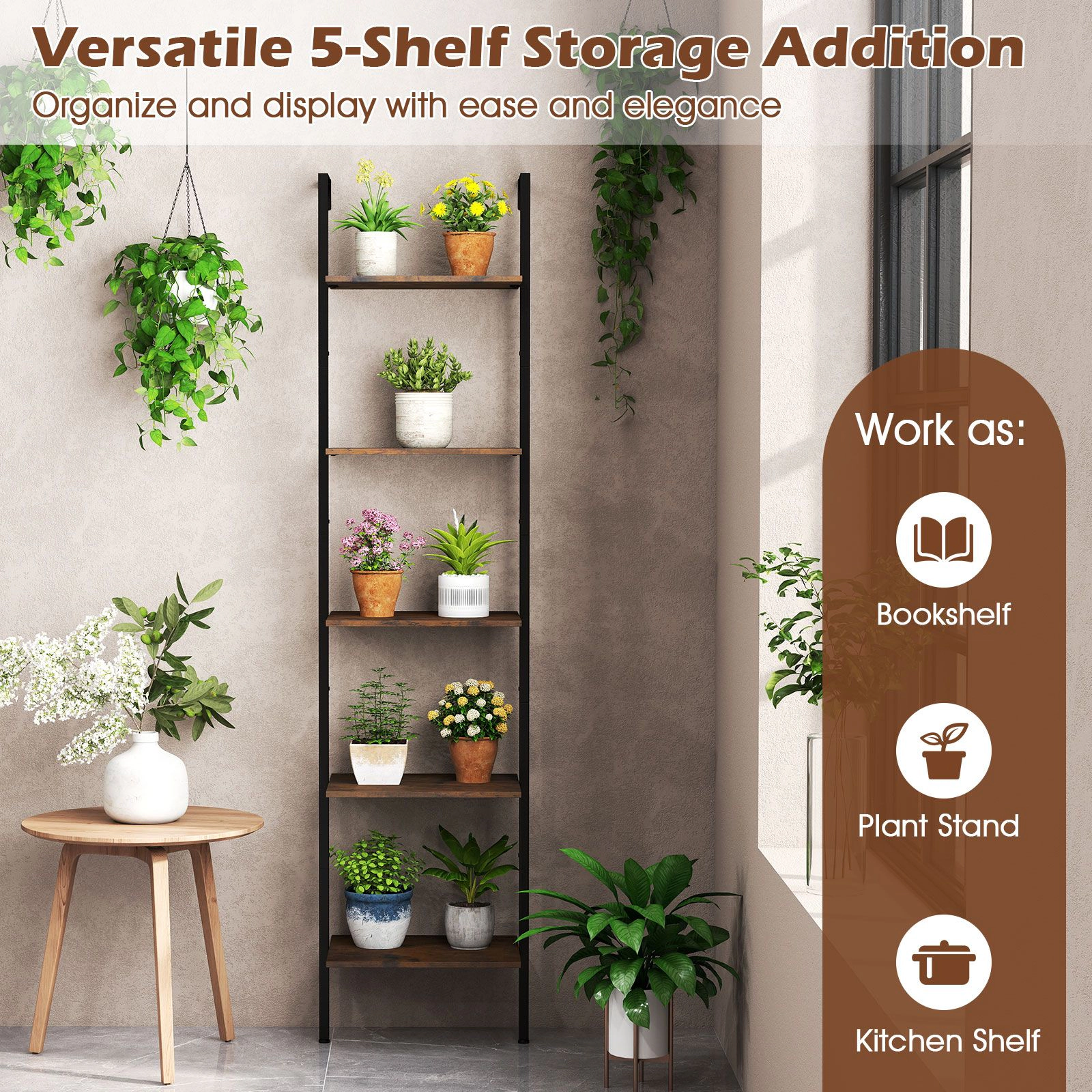 SlickBlue Wall Mounted Ladder Bookshelf with 5 Tier Storage and Metal Frame