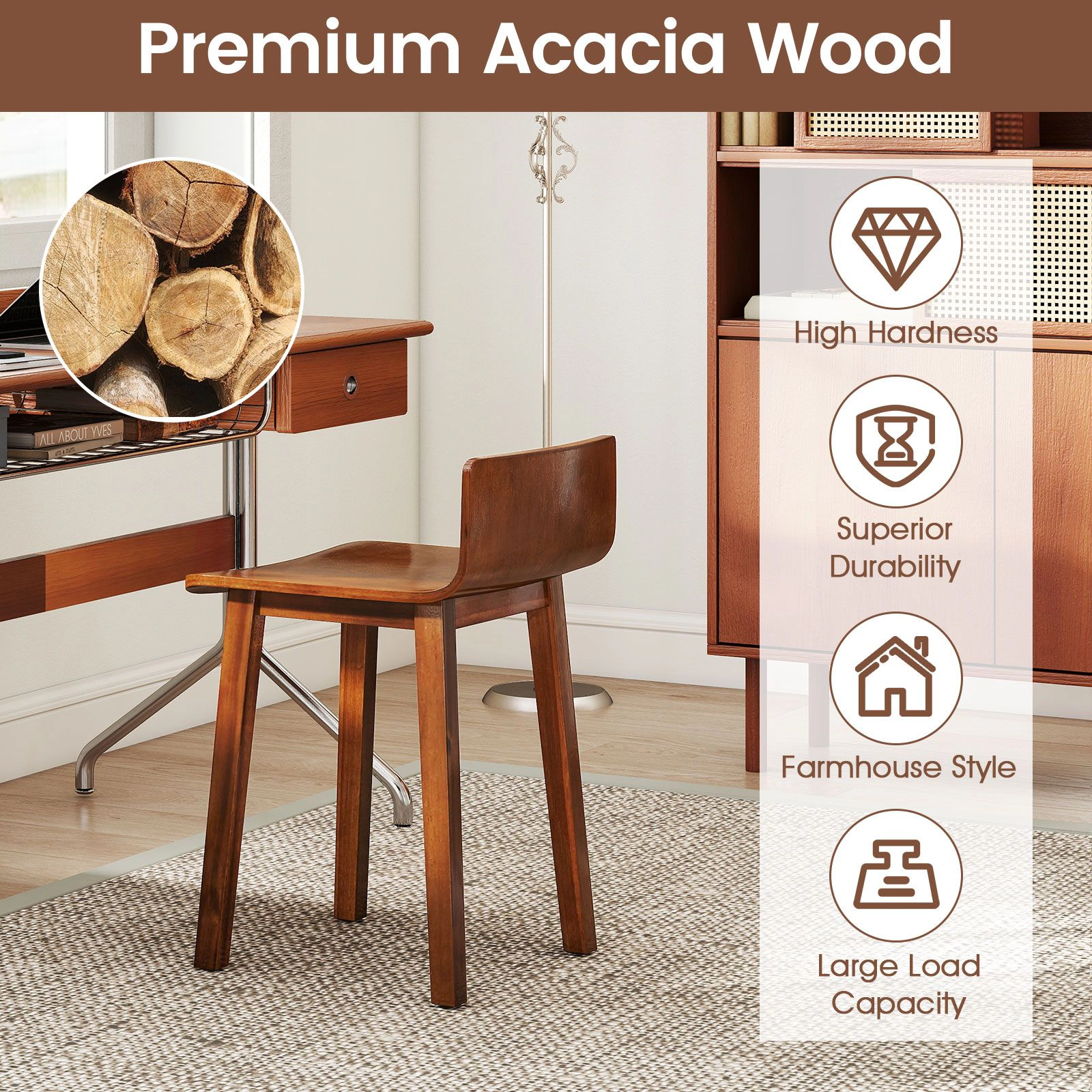 SlickBlue Acacia Wood Farmhouse Dining Chairs Set of 2