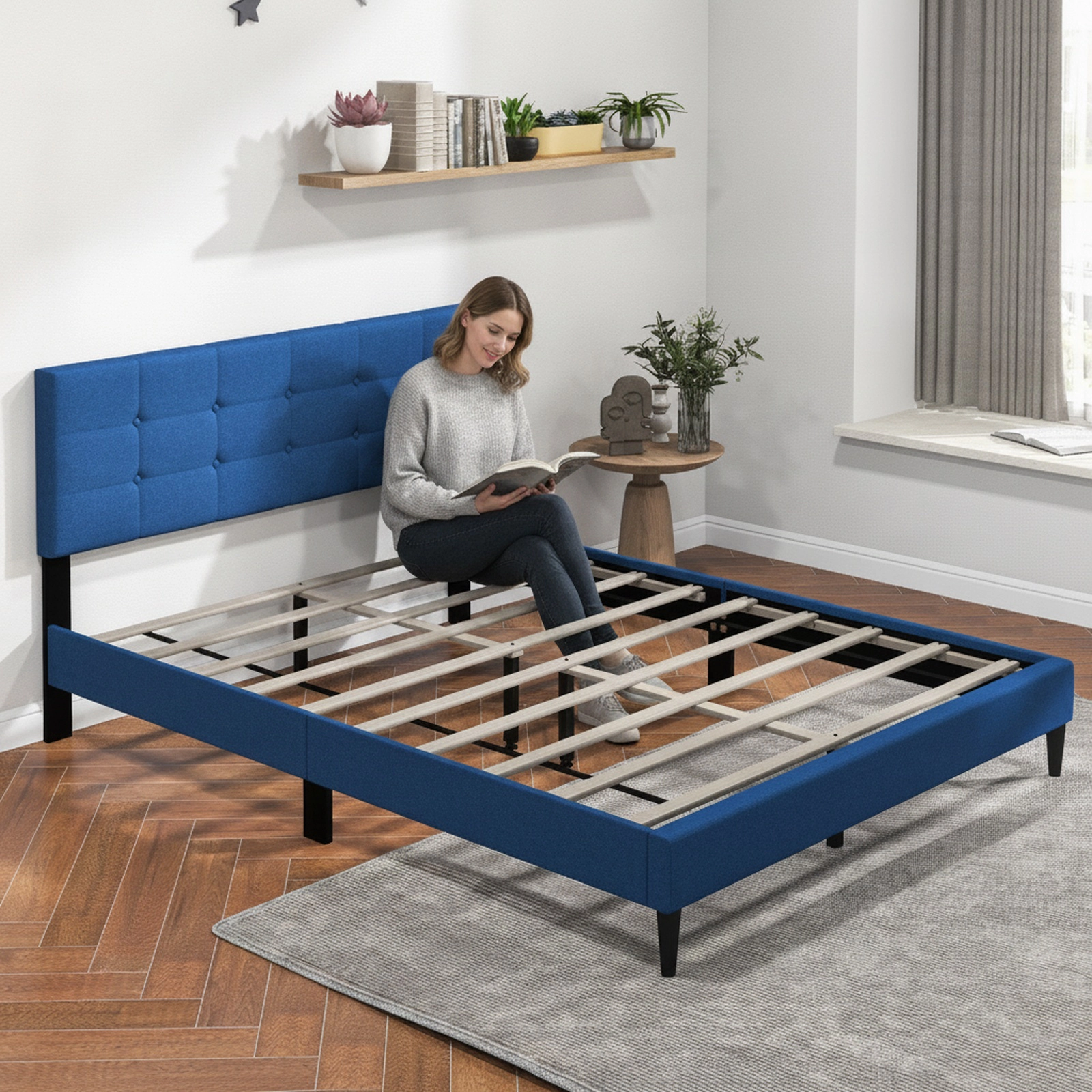Queen Size Upholstered Platform Bed with Button Tufted Headboard Blue Linen Bed with Wooden Slat Support