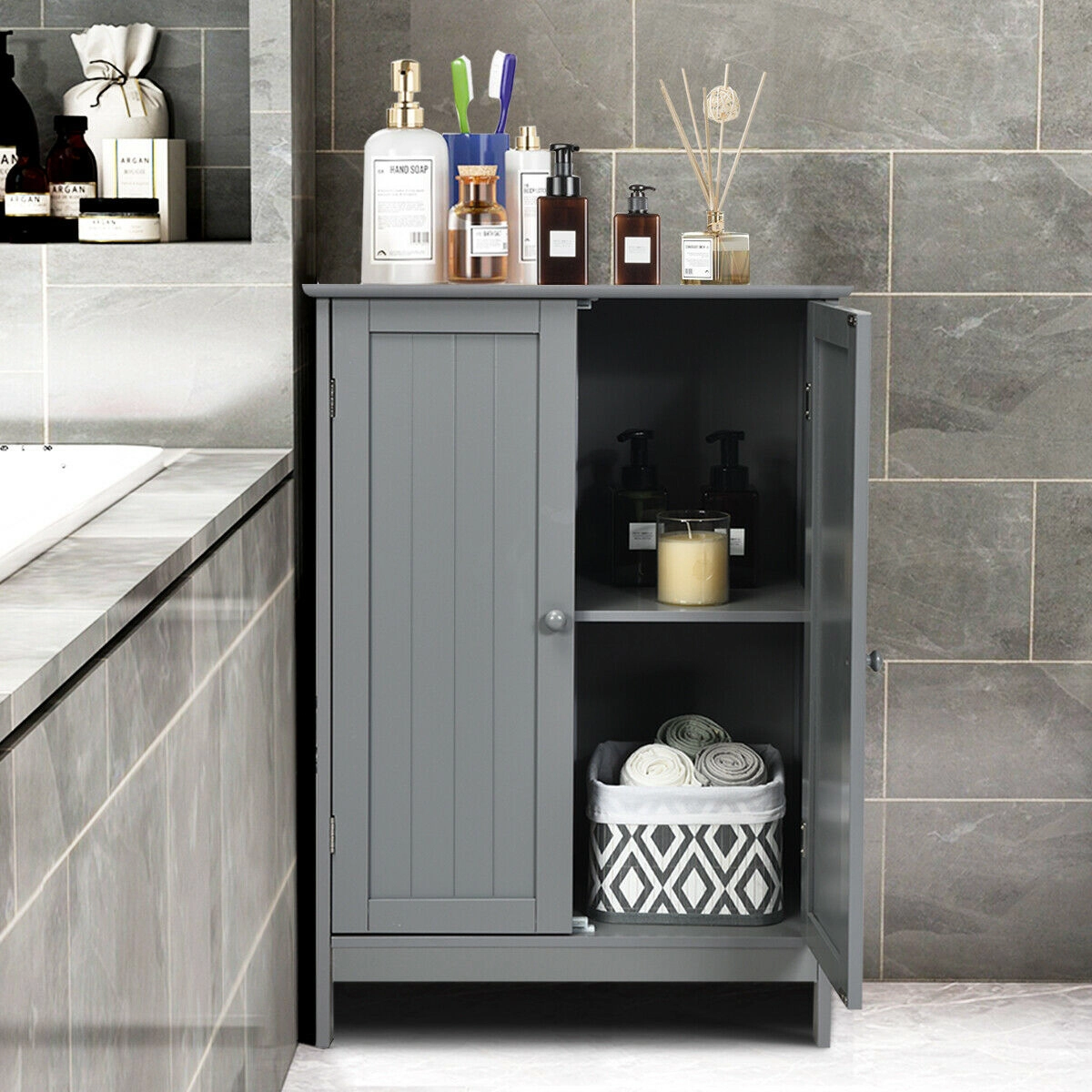 SUGIFT Bathroom Floor Storage Double Door MDF Cupboard Cabinet 176-lb Top Capacity Gray