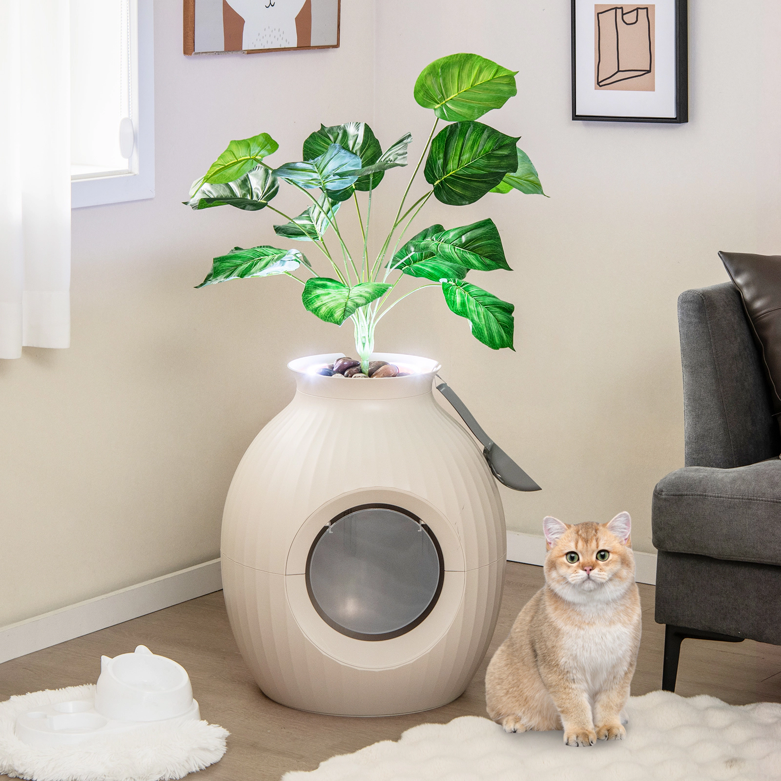 SUGIFT Beige Planter Cat Litter Box Enclosure with Ion Odor Removal 20-in Dia 23-in H 28-lb Cat Capacity