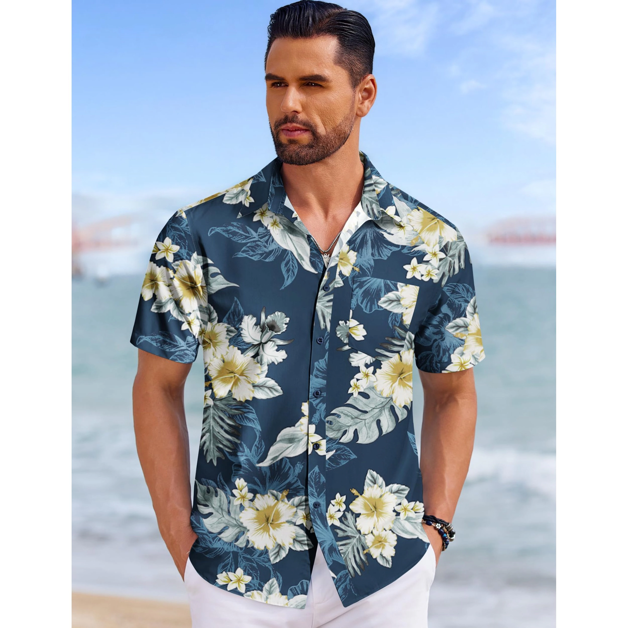 COOFANDY Mens Short Sleeve Button Down Shirts  Leaf Print Lapel Collar Tops