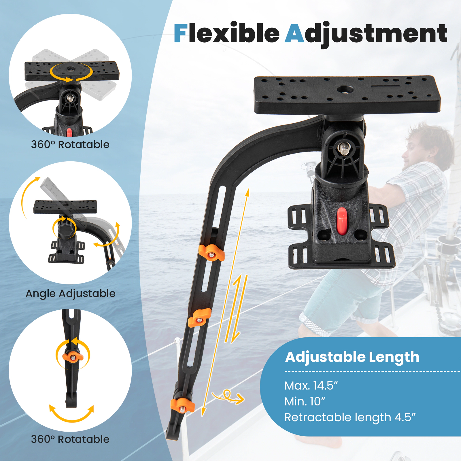 SUGIFT 360° Rotatable Fish Finder Holder and Rod Rack Water Toy Accessory with Mount Bracket Black