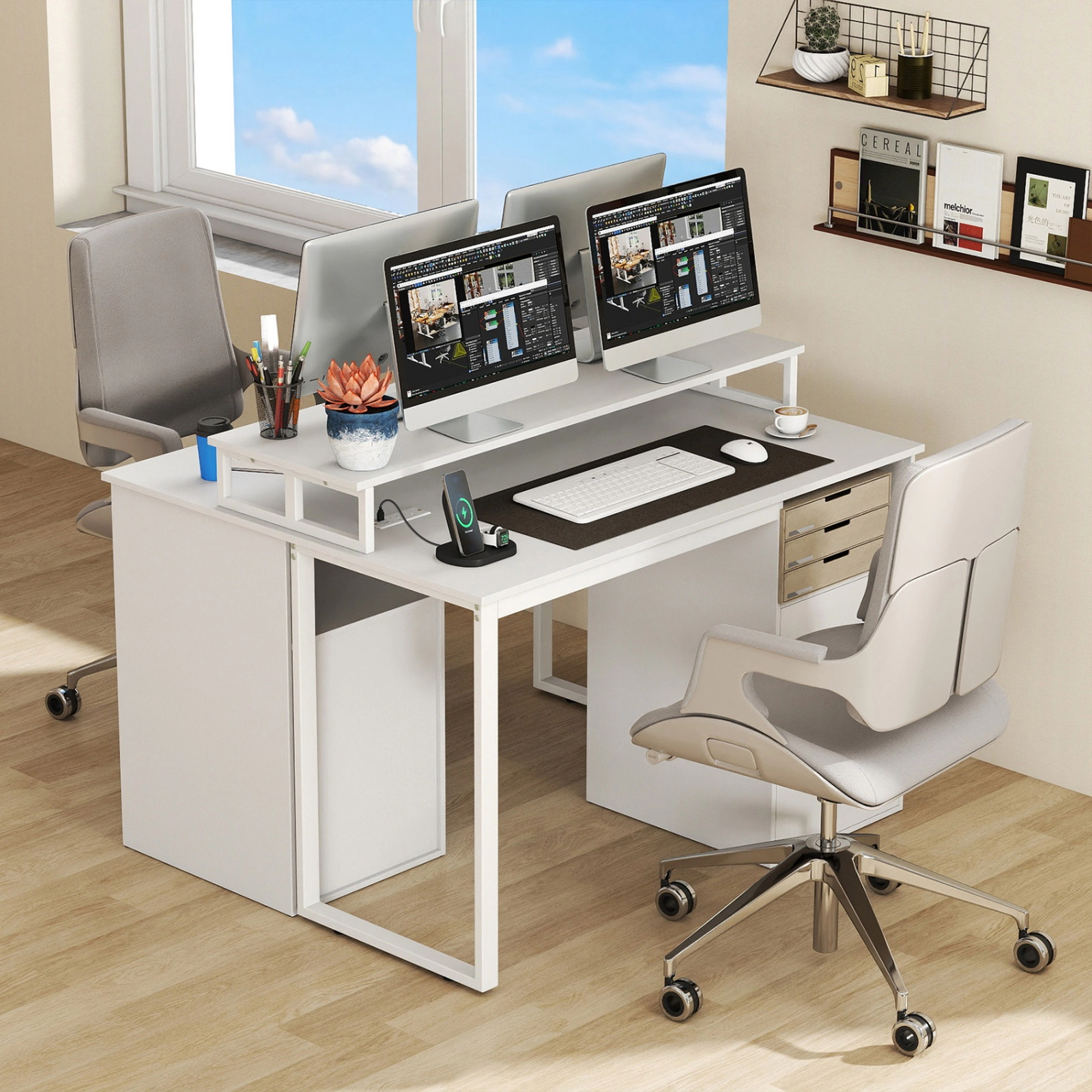 SUGIFT Modern Computer Desk with Power Outlets and File Drawer 135-lb Tabletop Capacity with Monitor Stand White
