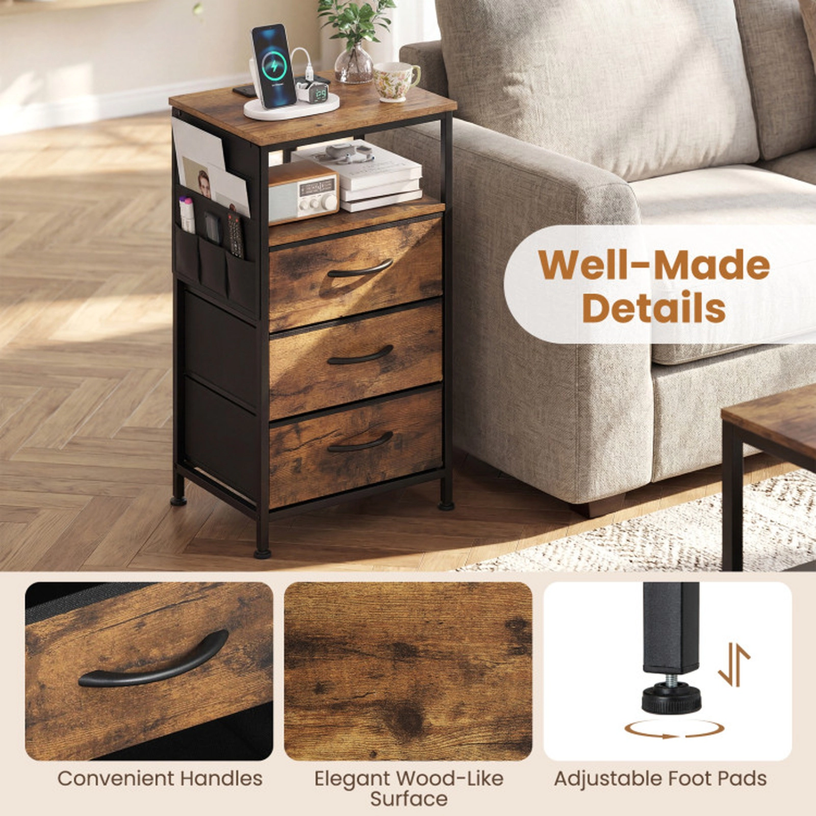 SUGIFT 27.5-in Rustic Brown Tall Nightstand with Charging Station, 3 Fabric Drawers and Side Pocket
