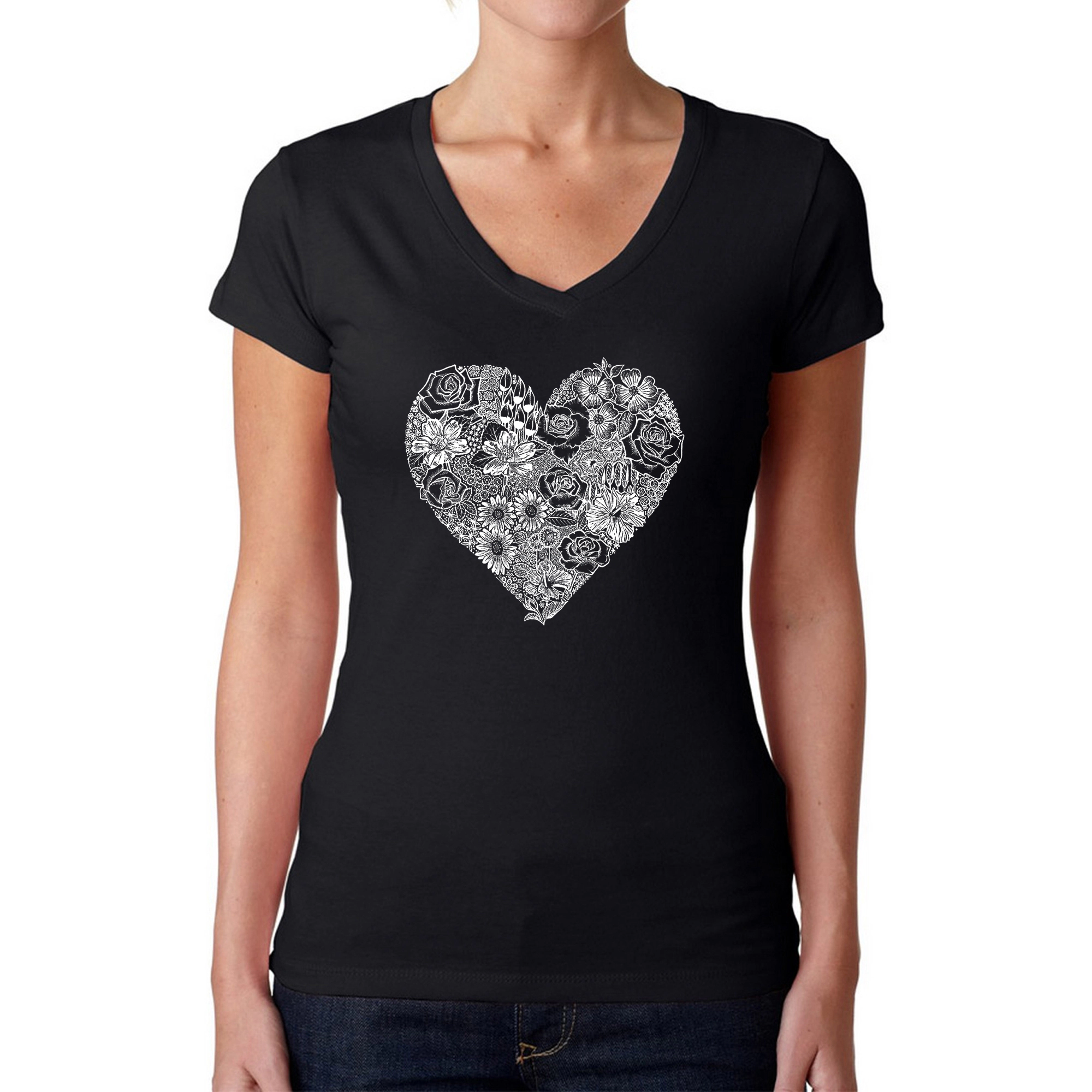 LA Pop Art Womens Word V-Neck T-Shirt - Heart Flowers