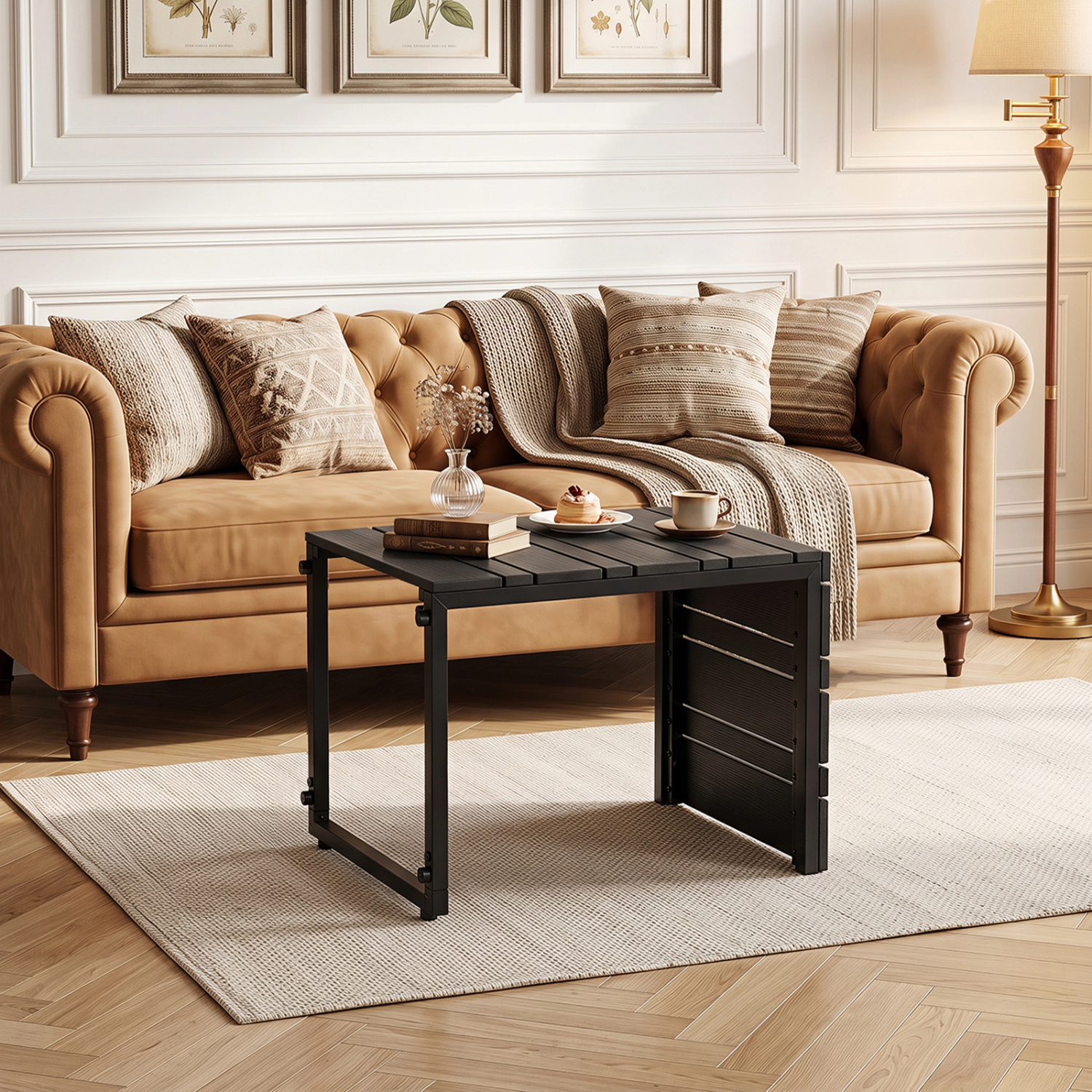 LJG Space-Saving C-Shaped Side Table with Wood-Plastic Top for Indoor Outdoor