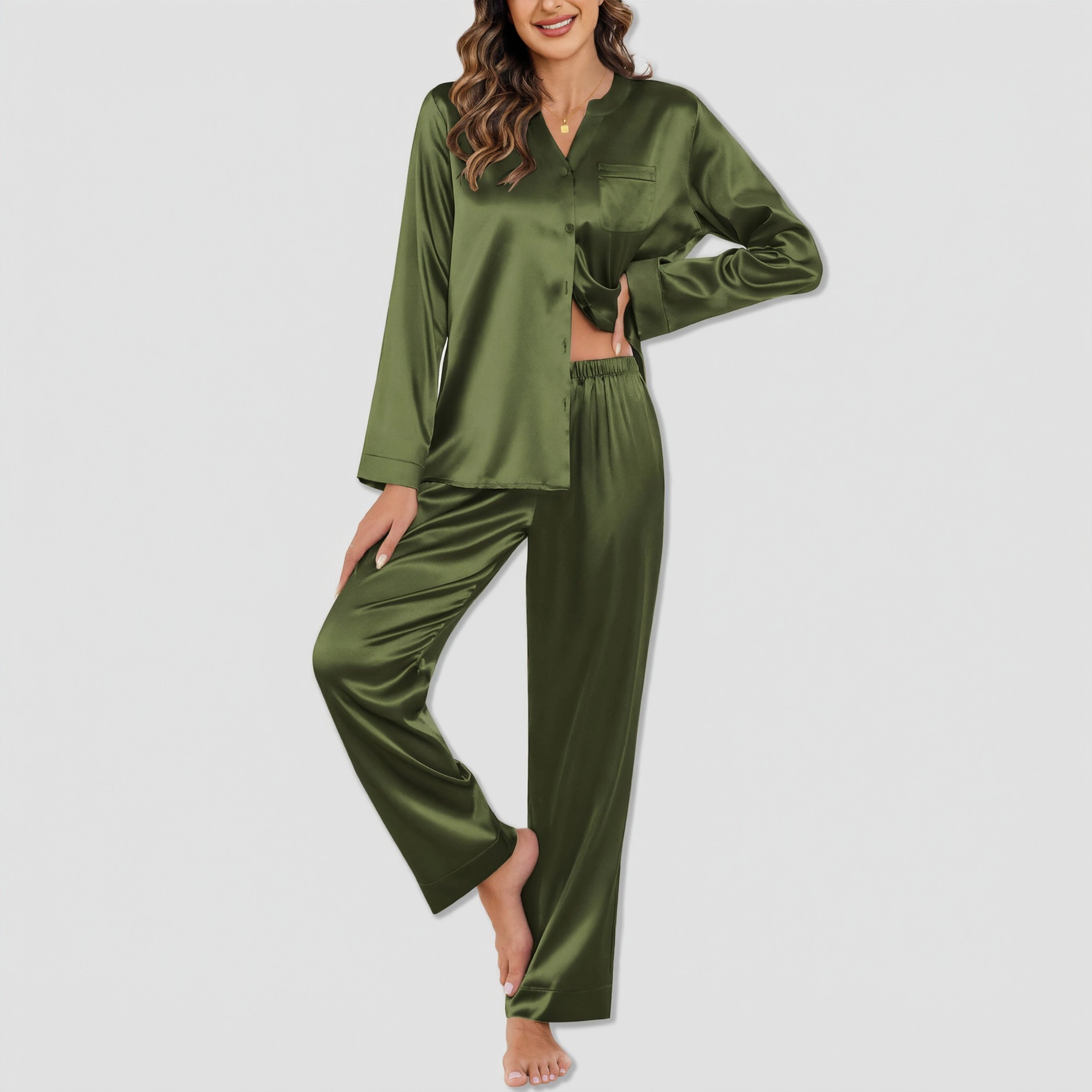 Ekouaer Silk Pajamas Two Piece Set Satin Long Sleeve Button Up Sleepwear Comfy Lounge sets