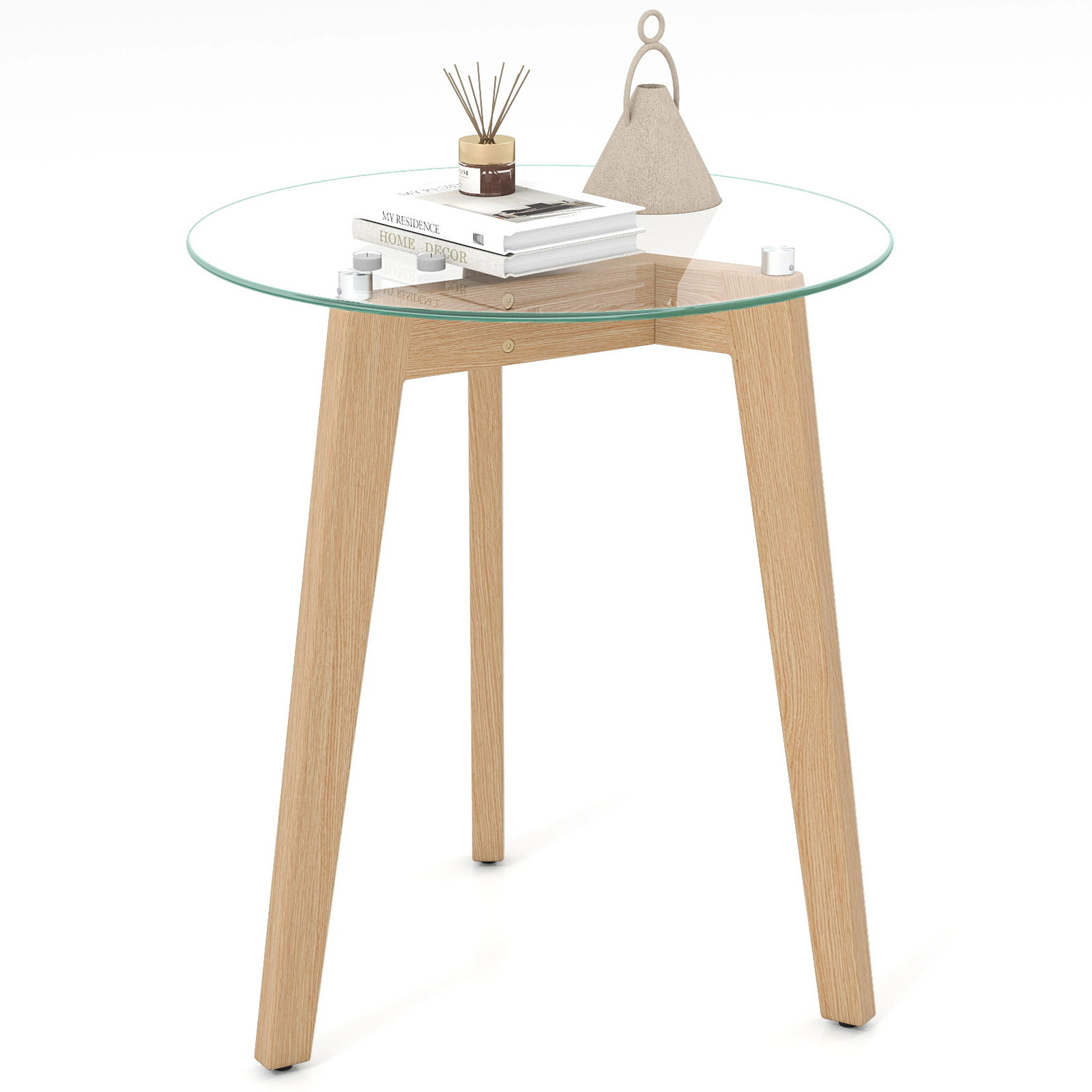 Glintex Round Tempered Glass End Table with Solid Rubber Wood Legs and Anti-Slip Discs, Transparent