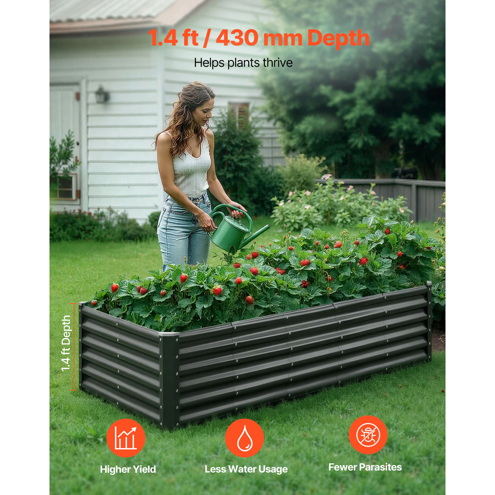 HONGGE Galvanized Metal Raised Garden Bed, 6 x 3 x 1.4 ft Open-Bottom Outdoor Planter Box, Dark Gray