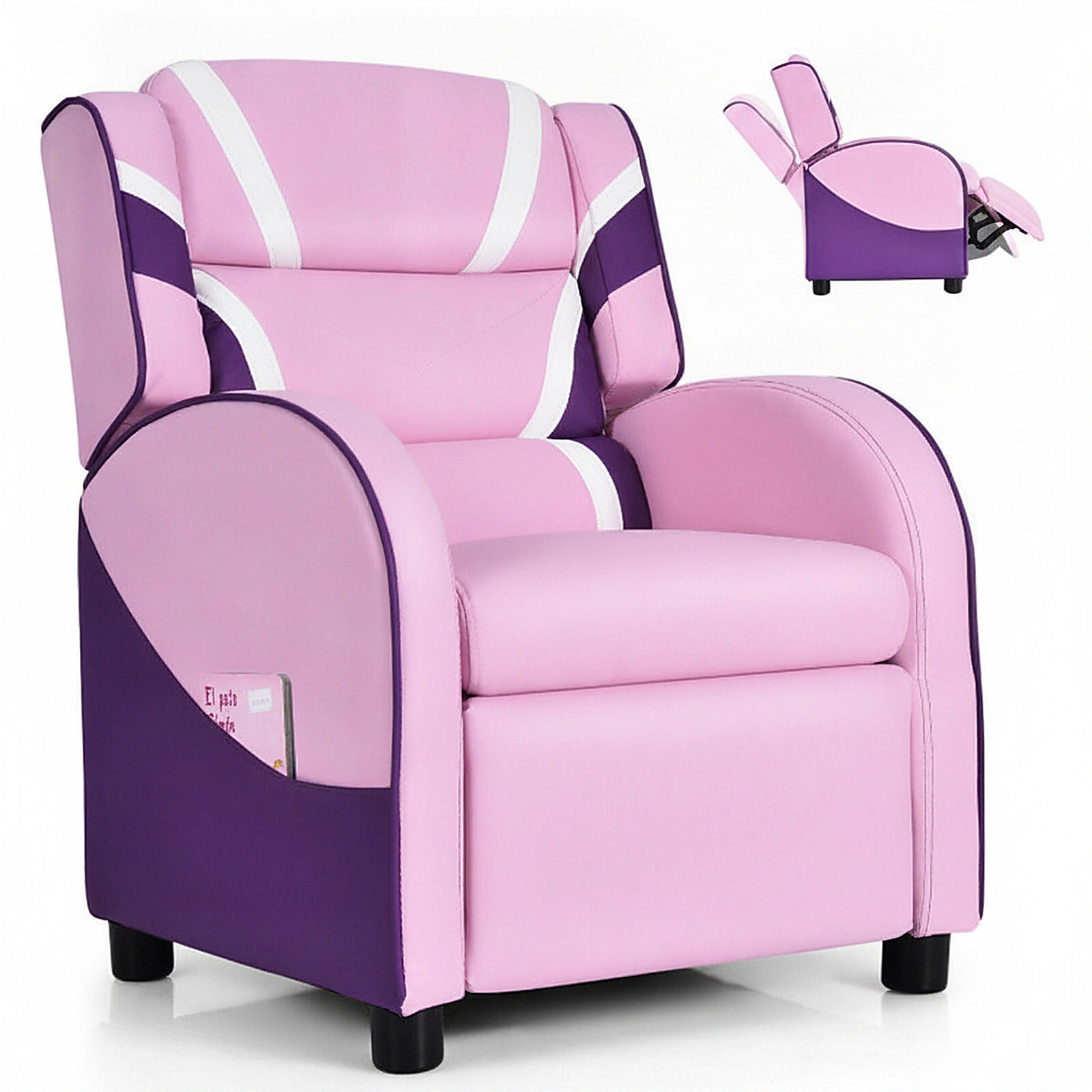 SUGIFT Pink Side Pockets and 150-Degree Recline Kids Leather Recliner Chair