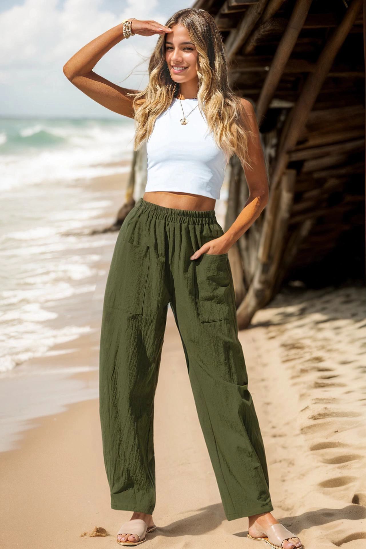KOJOOIN Women's Palazzo Flowy Pants Summer Beach Vacation Loose Wide Leg Pull‑On  Balloon Trousers