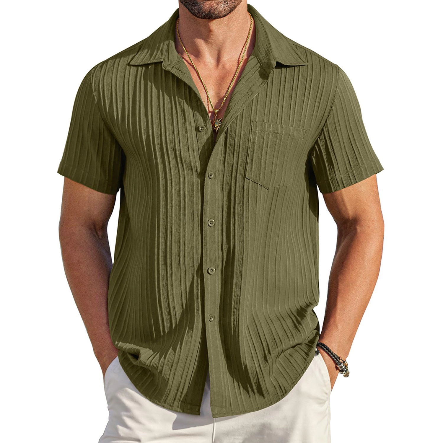 COOFANDY Mens Short Sleeve Button Down Shirt  Pleated Camp Collar Casual Tops