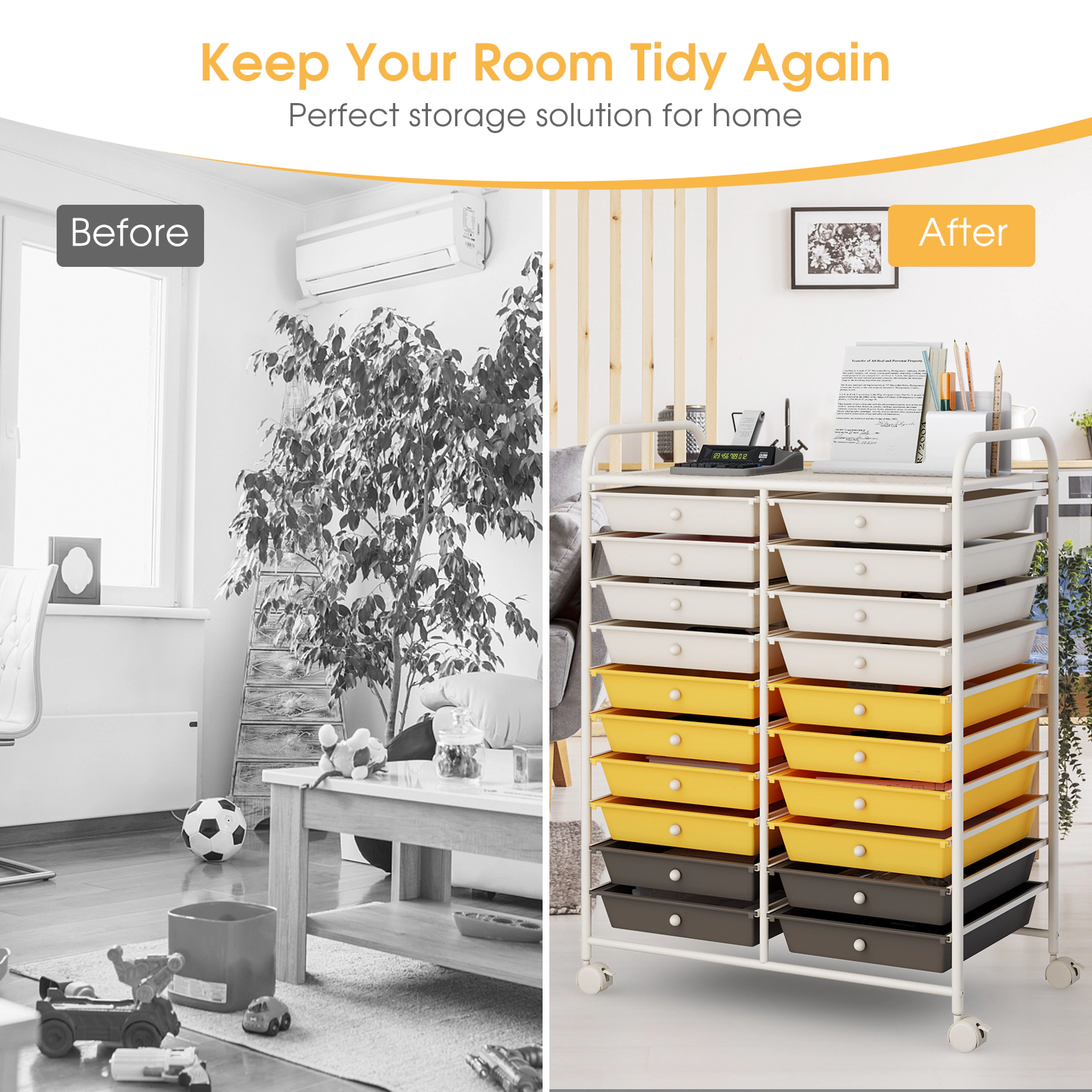 SUGIFT Yellow 20-Drawer Rolling Utility Cart Studio Storage Organizer with 4 Swivel Casters and Steel Frame